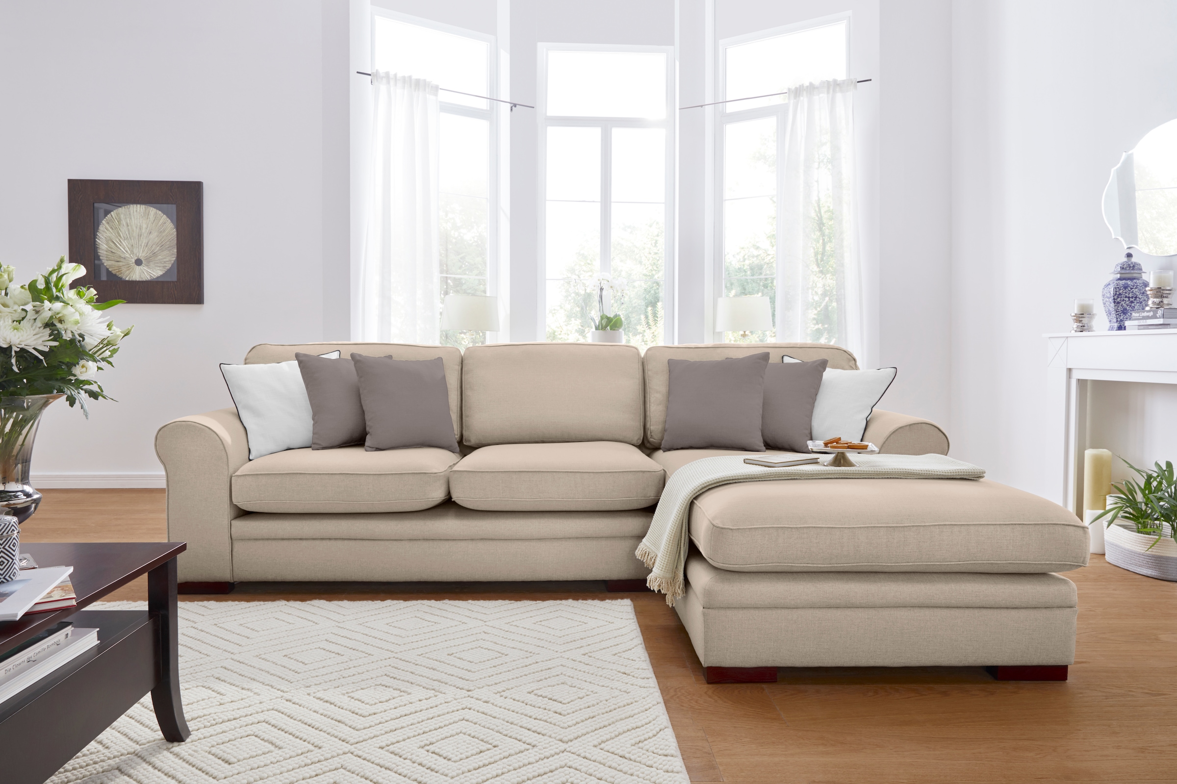 Home affaire Ecksofa »Broughton L-Form«, weicher Sitzkomfort, incl. 4 Zierkissen, Keder