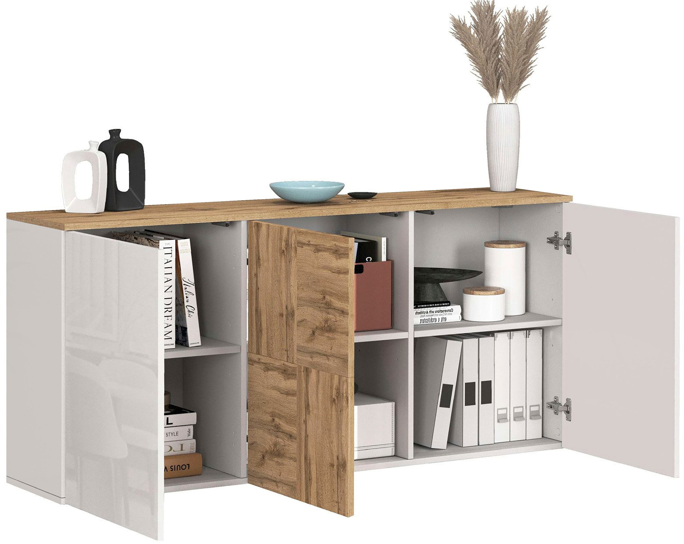 OTTO home Sideboard »ISEO, Kommode, Schrank, Sideboard, Lowboard, 6 Fächer, Breite 150 cm« 1 Stk. tlg. stehend/hängend, 3 Türen Hochglanz lackiert, Made in Italy