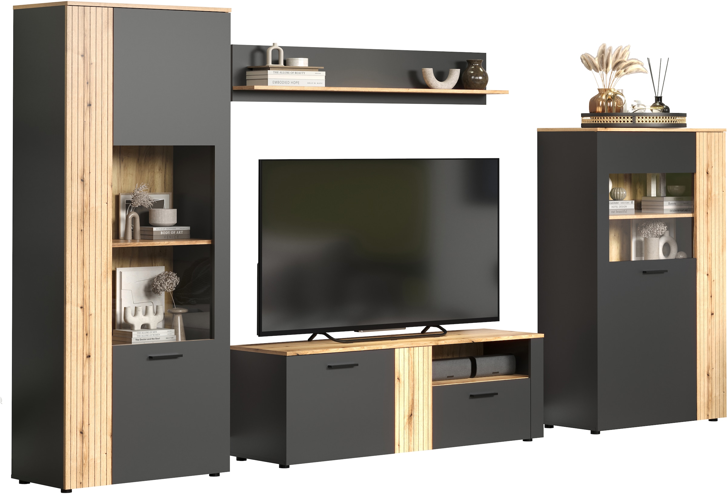 INOSIGN Wohnwand »Estepona«, (Komplett-Set, 4 St.), Wohnzimmermöbel mit Rillenoptik - (B/T/H): 340/42/195 cm