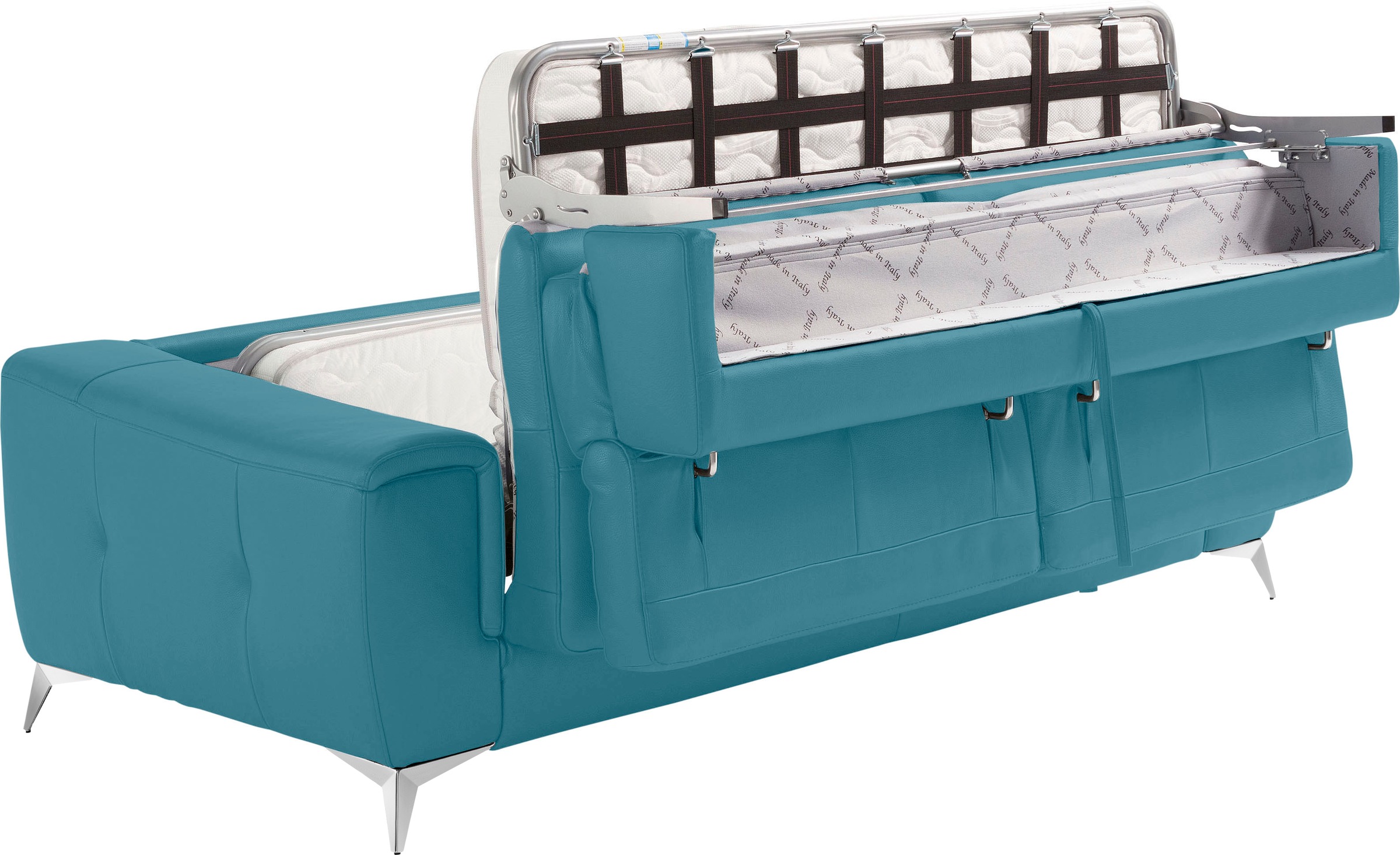 Egoitaliano Schlafsofa »Francine Designsofa, Loungesofa mit Dauerschlaffunktion, Breite 233 cm«, mit Bettfunktion, Leder BULL, türkis, Fußfarbe chrom