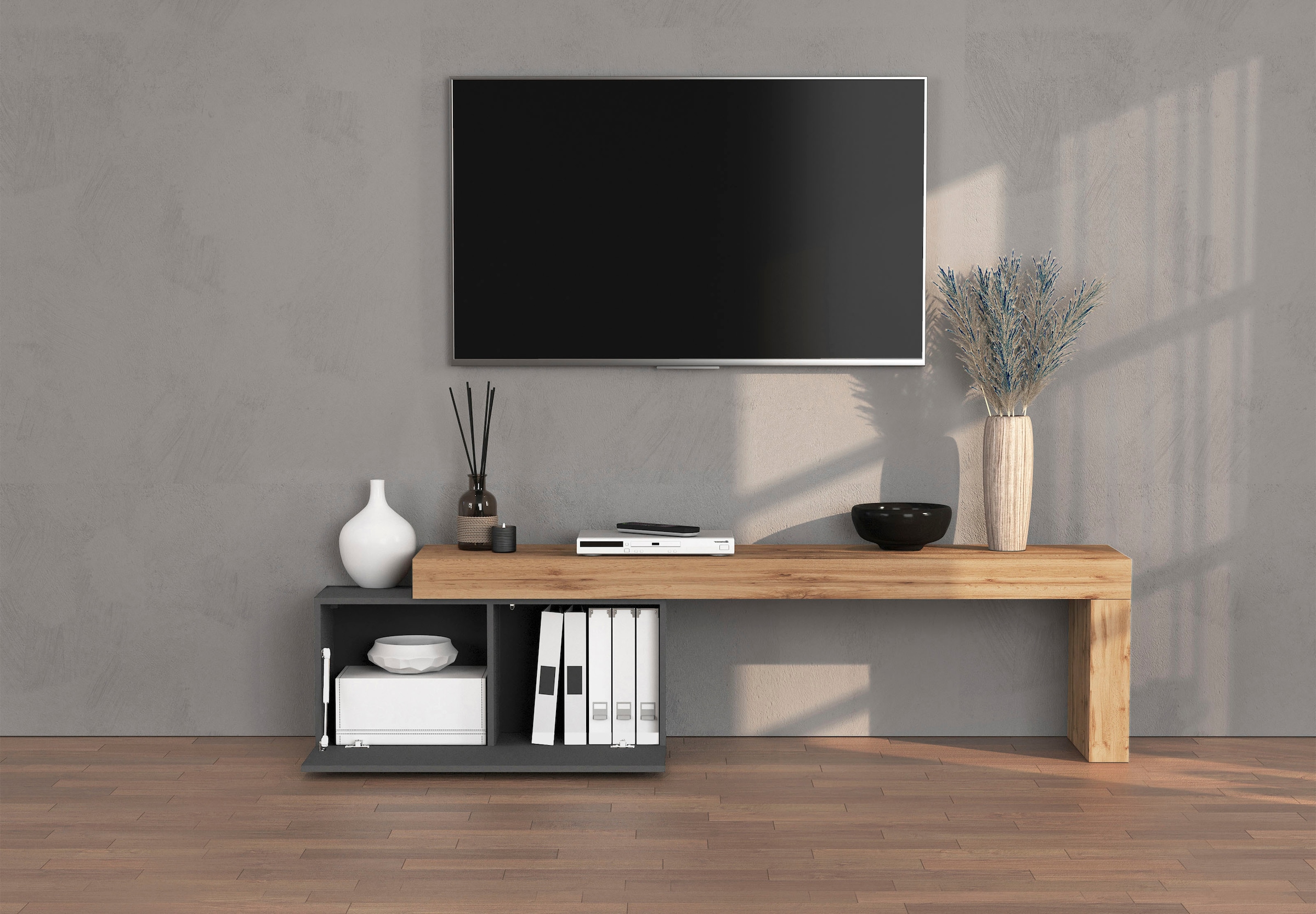 INOSIGN Lowboard »Chronos TV-Board, TV-Schrank« Breite verstellbar von 180 bis 260 cm, 1 Stk. tlg. Breite 220 cm TV-Board,Lowboard,1 Klappe und ein L-Förmiger Aufsatz