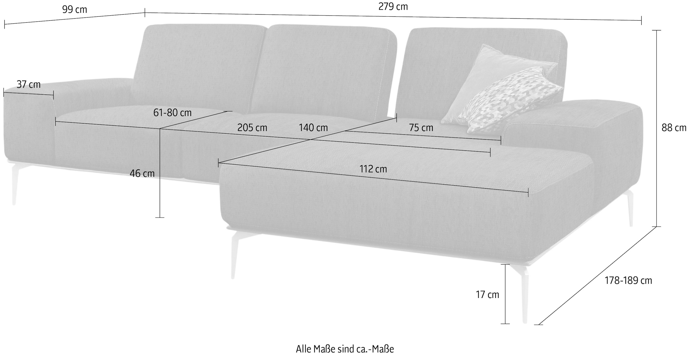 W.SCHILLIG Ecksofa »run, Designsofa mit tollem Sitzkomfort, bequem, L-Form«, mit Holzsockel, Füße in Bronze pulverbeschichtet, Breite 279 cm