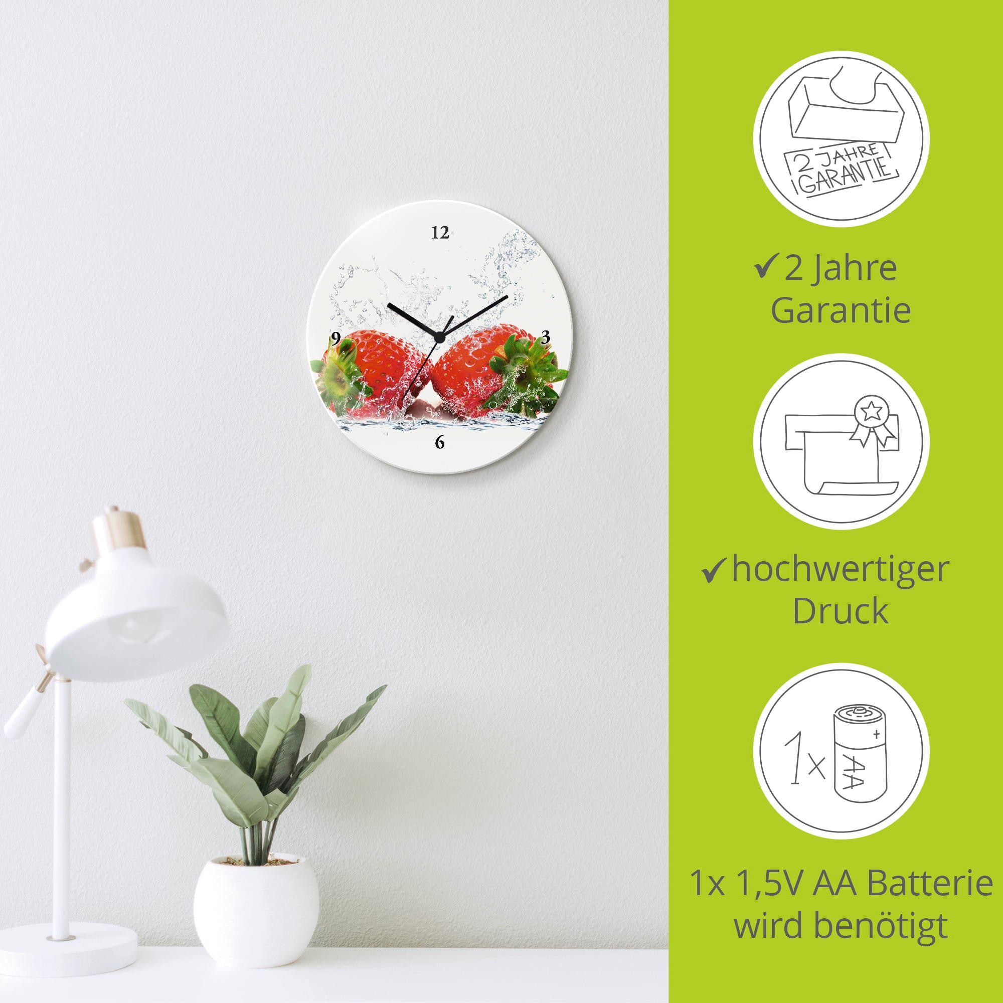 Artland Wanduhr »Erdbeeren mit Spritzwasser« wahlweise mit Quarz- oder Funkuhrwerk, lautlos ohne Tickgeräusche