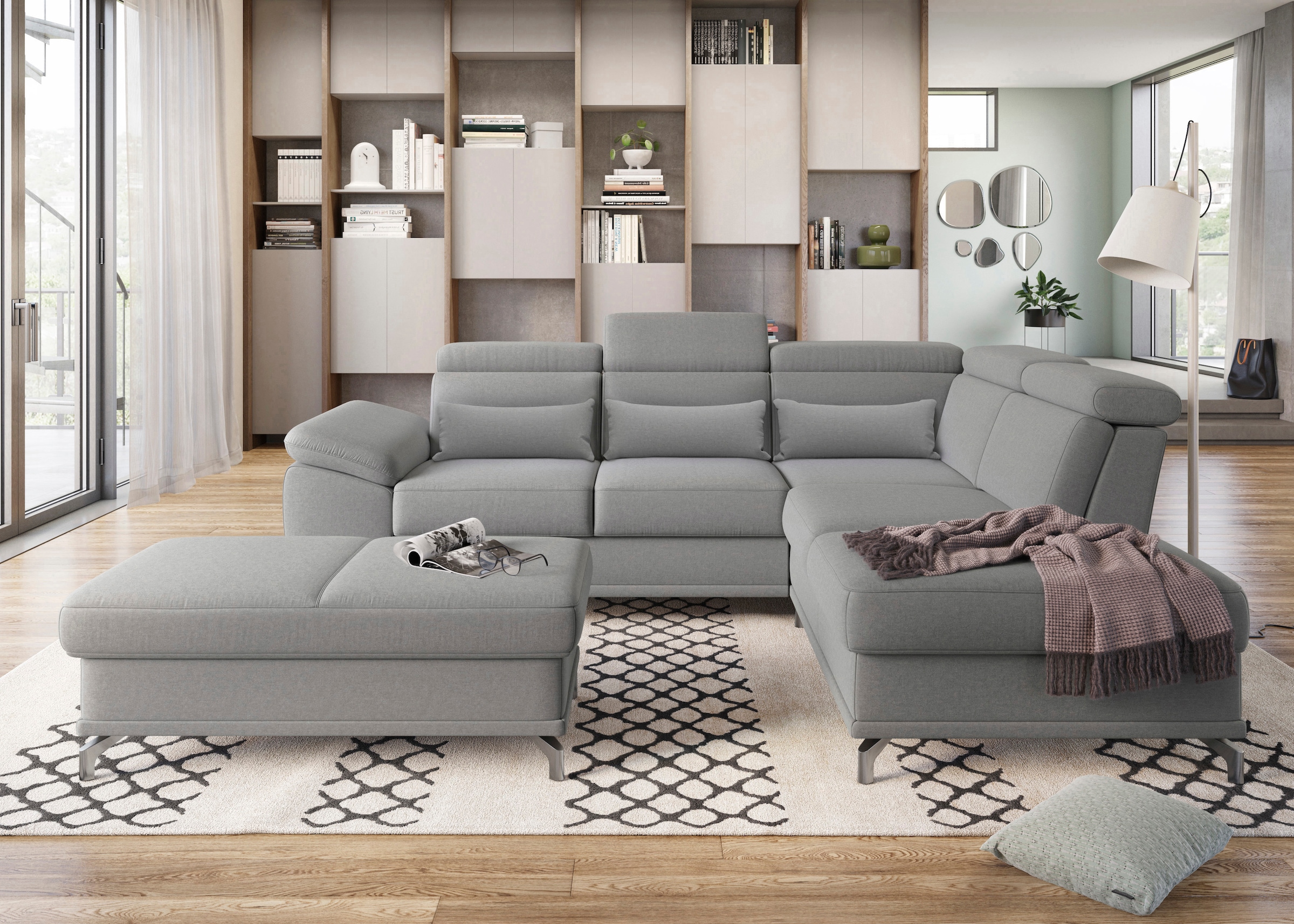 sit&more Ecksofa »Cabrio L-Form, B: 274 cm, mit Sitztiefen-, Arm- & Kopfteilverstellung« 3 Nierenkissen, Federkern, optional Bettfunktion und Stauraum