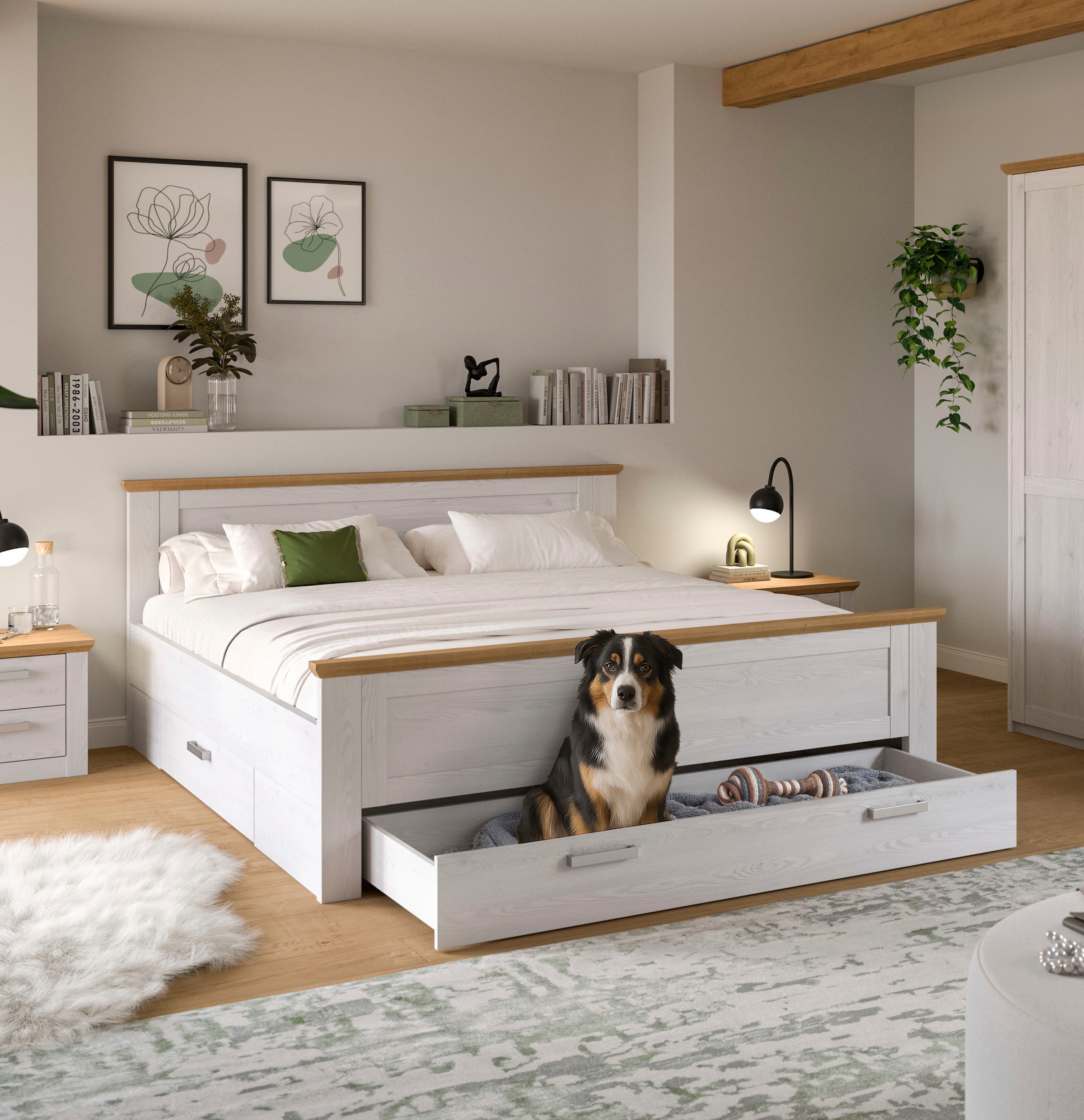 Home affaire Stauraumbett »COSENZA, TOPSELLER!, Breite 189cm, im Landhausstil, 3 Schubkästen« für Matratzen 180x200 cm, viel Stauraum, ohne Matratzen und Lattenrost,  Bett, Kastenbett, Bettgestell, Schlafzimmer, Schlafen