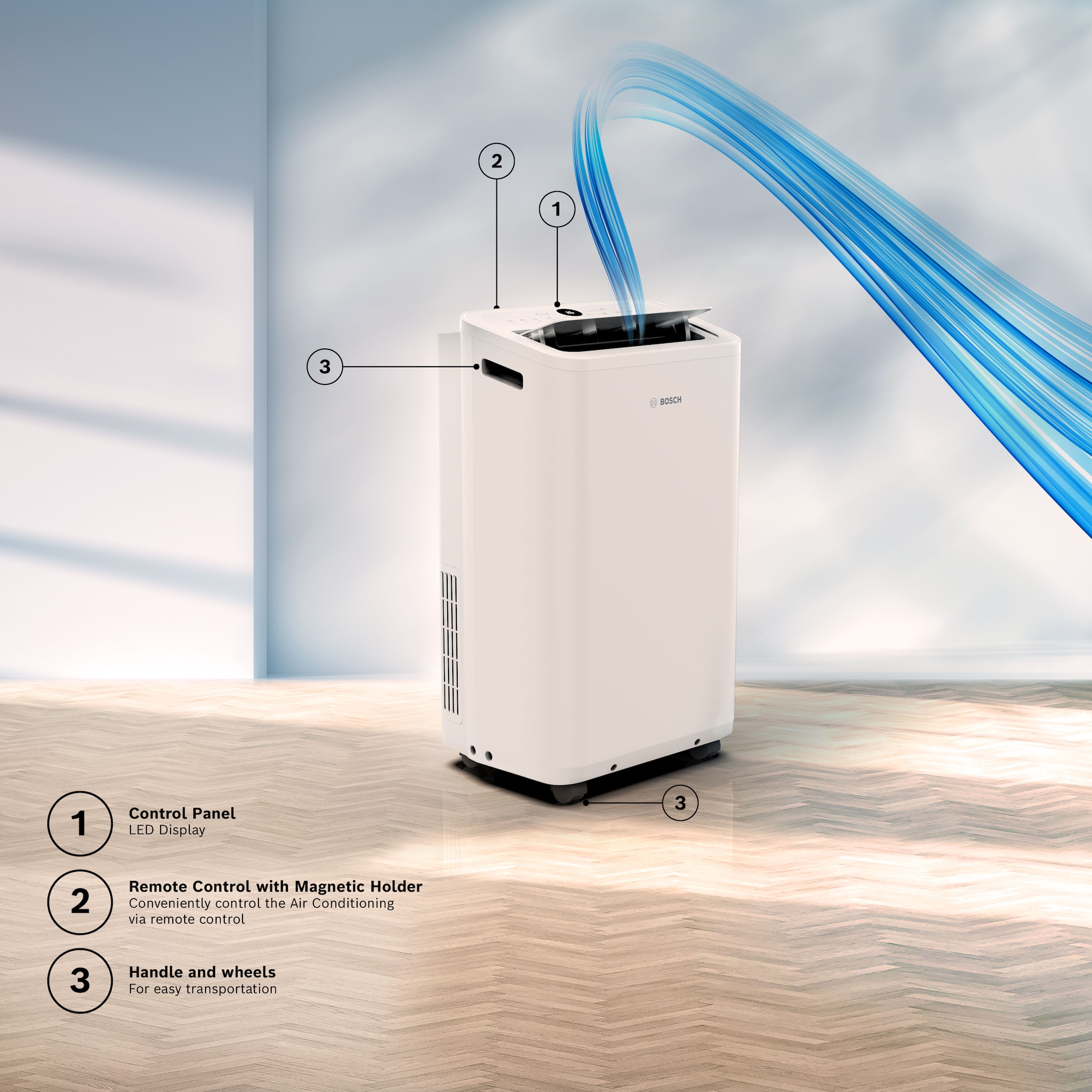 BOSCH 3-in-1-Klimagerät »Cool 2000 - 3-in-1 Klimaanlage, Luftentfeuchter, Ventilator« Ventilator mit 3 Stufen, Entfeuchtung bis zu 50 l/Tag