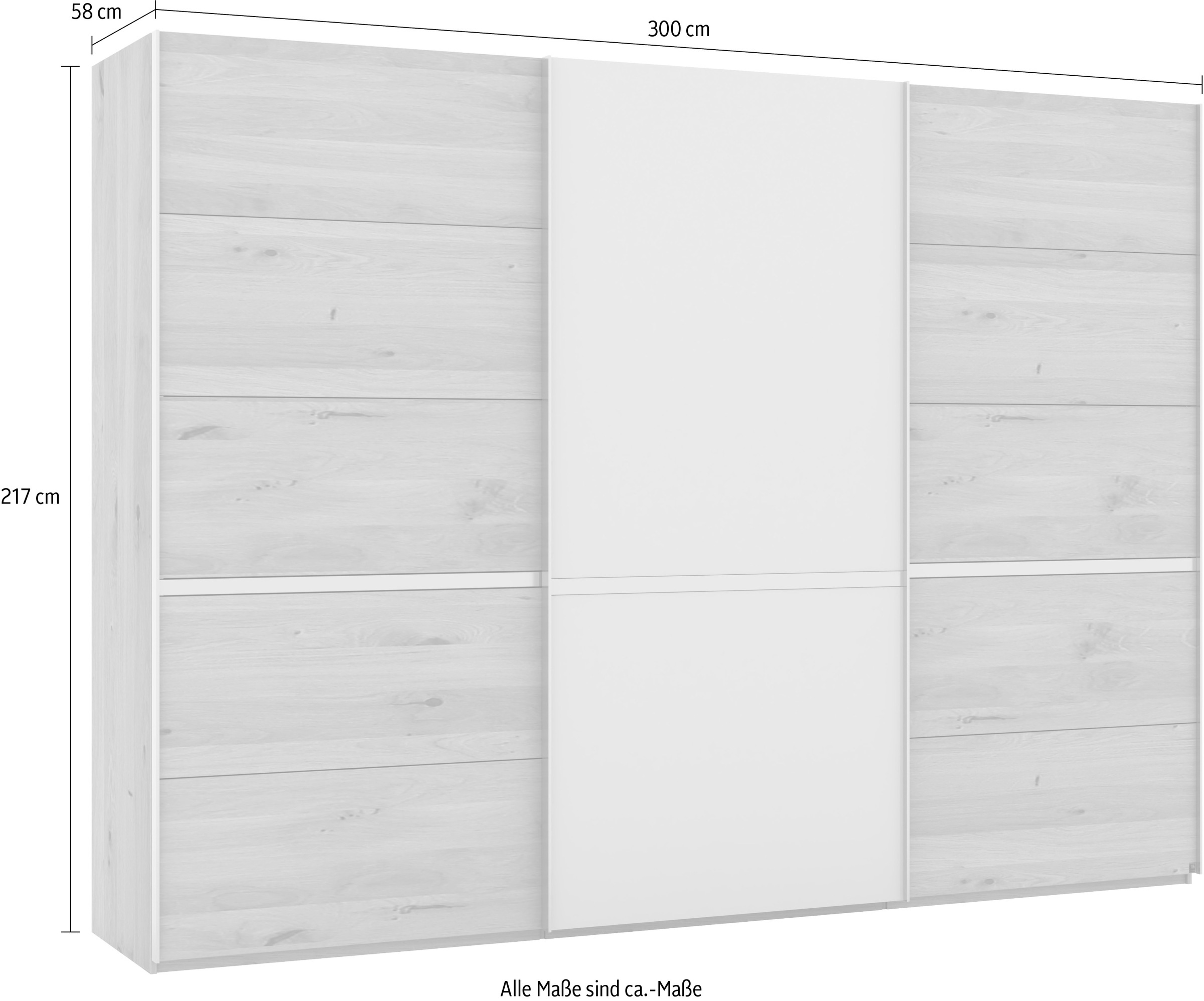 Musterring Schwebetürenschrank »Savona, Kleiderschrank, Schrank, Garderobe, mit Schiebetüren«, (Teilmassiv Bianco-Eiche, mit Spiegel oder Glas, MADE IN GERMANY), Türen Bianco-Eiche massiv, Spiegel-/Glastüren, eingelegte Chromleiste