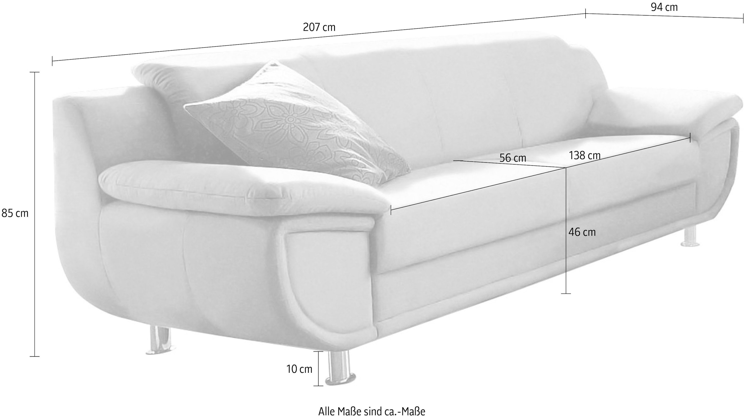 TRENDMANUFAKTUR 3-Sitzer »Rondo, Breite 207 cm, breite Armlehnen, Füße chromfarben«, Big-Sofa wahlweise mit Federkern, in verschiedenen Bezügen bestellbar