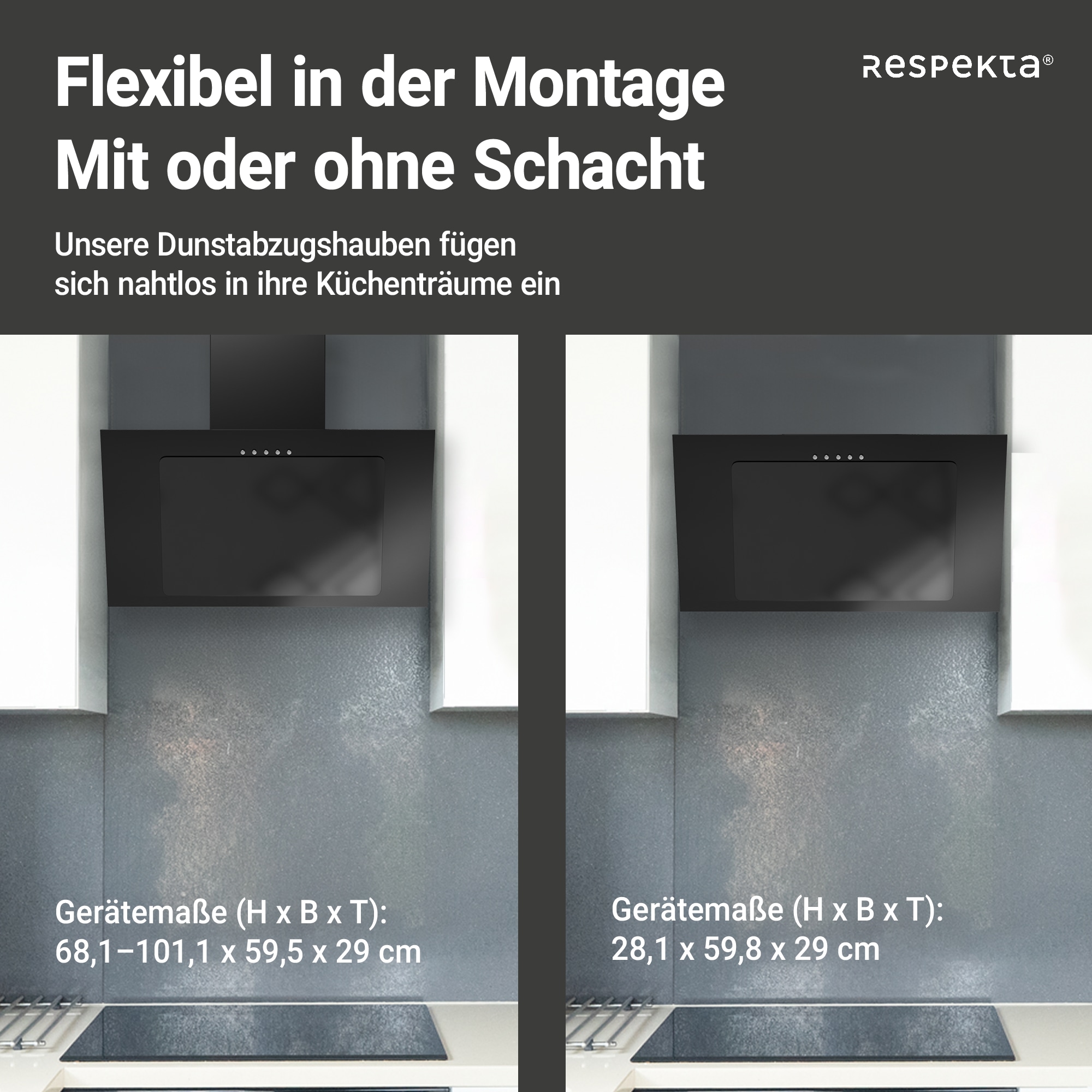 RESPEKTA Kopffreihaube »CH 33060«, 60 cm, 3 Leistungsstufen, LED-Beleuchtung, Ab- und Umluftfähig