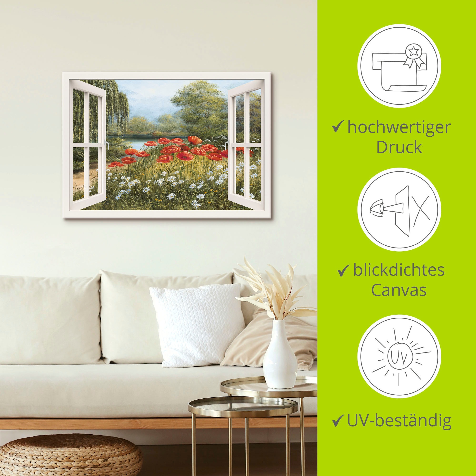 Artland Wandbild »Fensterblick Mohnwiese«, Fensterblick, (1 St.), als Leinwandbild, Poster in verschied. Größen