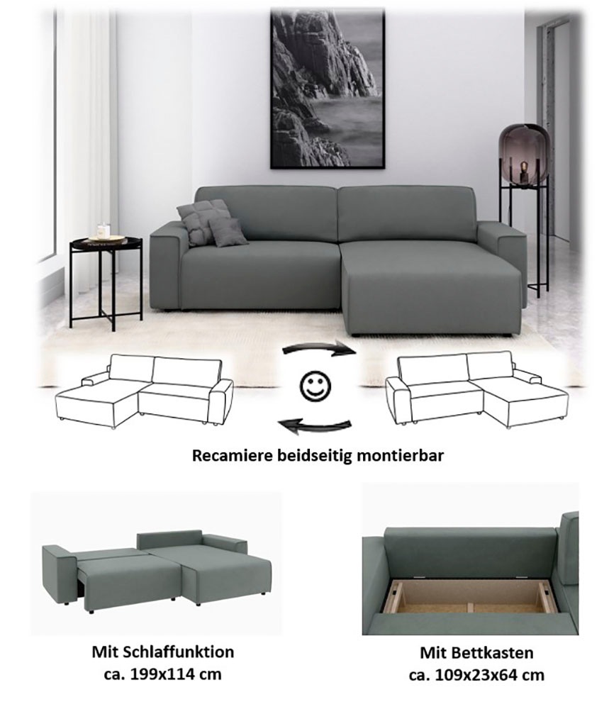 Home affaire Ecksofa »Chance, Recamiere beidseitig montierbar, Schlaffunktion, Breite 265 cm« in Struktur fein LINO, mit Schlaffunktion und Bettkasten