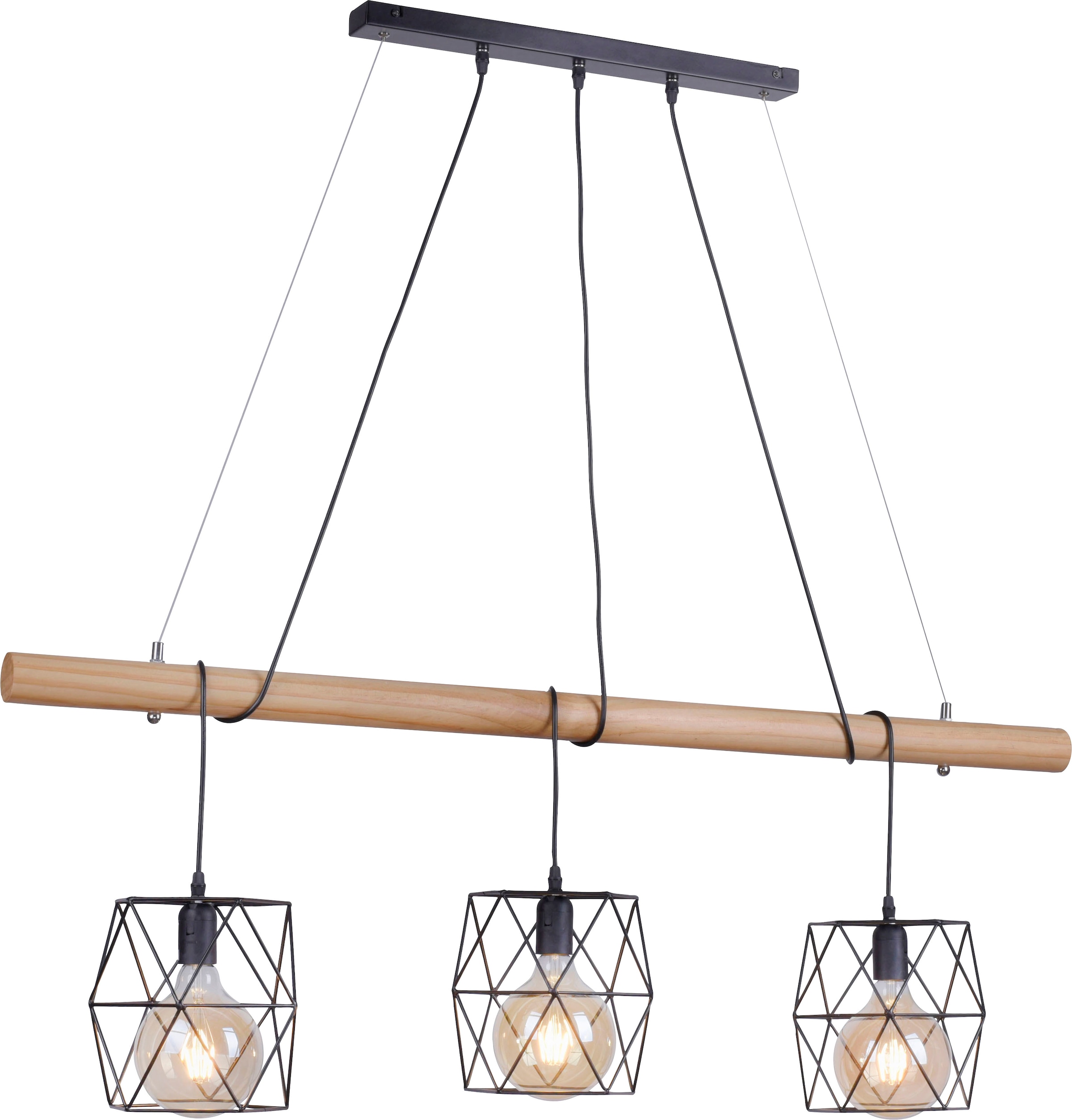 JUST LIGHT LED Pendelleuchte »EDGAR«, 3 flammig, Leuchtmittel E27 | ohne Leuchtmittel, Kombination aus lackierten Metallkörbchen & rustikalem Pinienholz