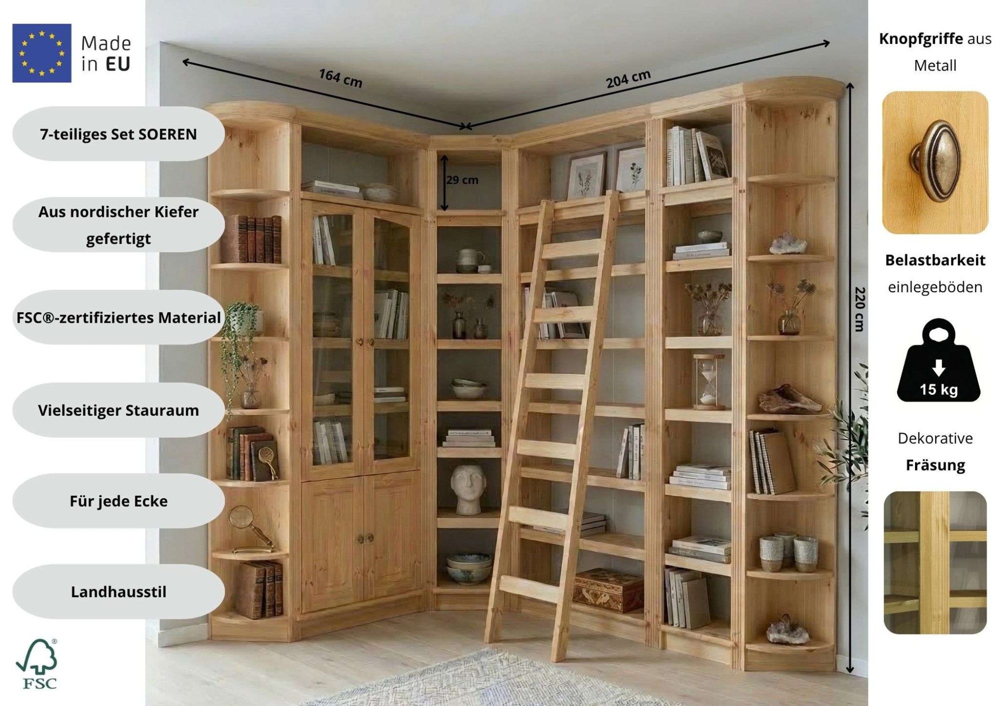 OTTO home Bibliothek »Soeren - 7-tlg. Set: mit 1 Regal B 80 cm., 1 Regal B 40 cm, 1 Eckregal« Set, 7 Stk. tlg. Inkl. 1 Vitrine,2 gerundeten Abschlussregalen und 1 Holzleiter,H220 cm