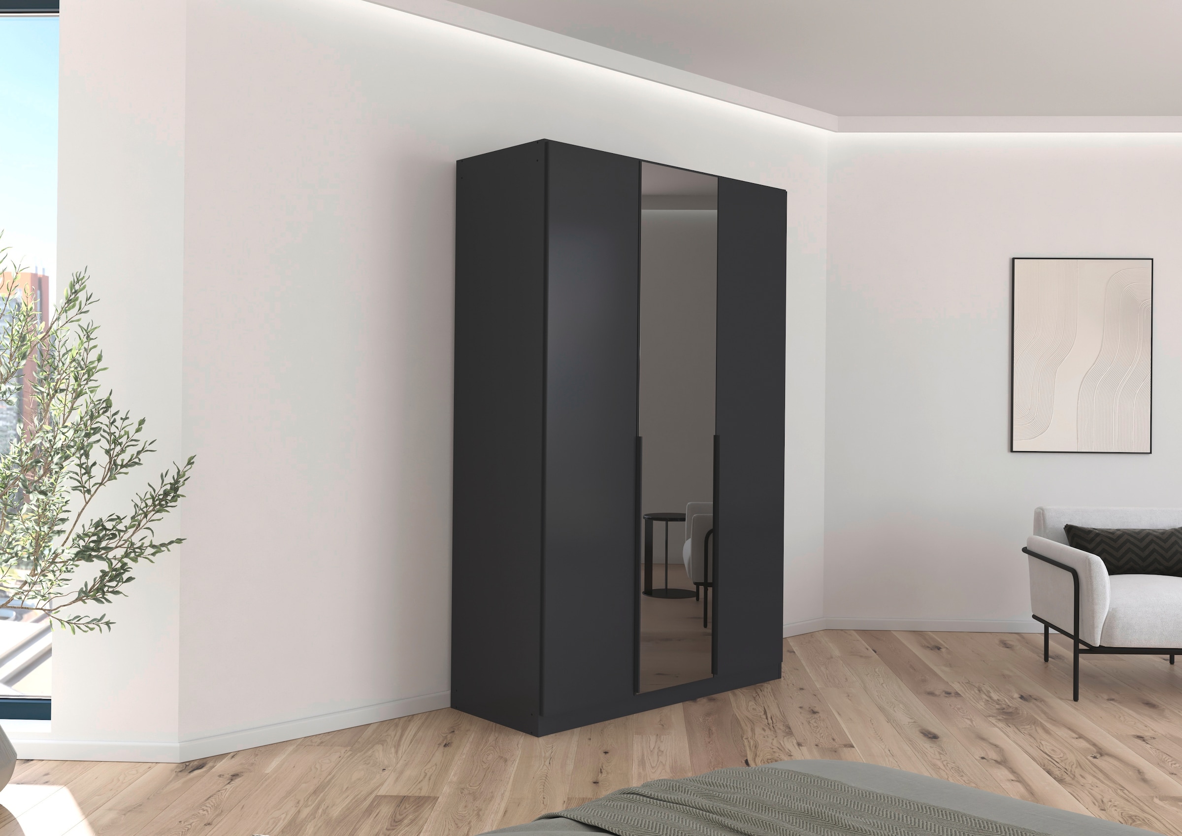 INOSIGN BY RAUCH Drehtürenschrank »Schlafzimmerschrank Kleiderschrank Schrank Garderobe FERRIS« In 3 Ausstattungen BASIC/CLASSIC/PREMIUM, Breiten 136/181/226/271 cm,  Mitteltüren mit hochwertigem Grauspiegel MADE IN GERMANY