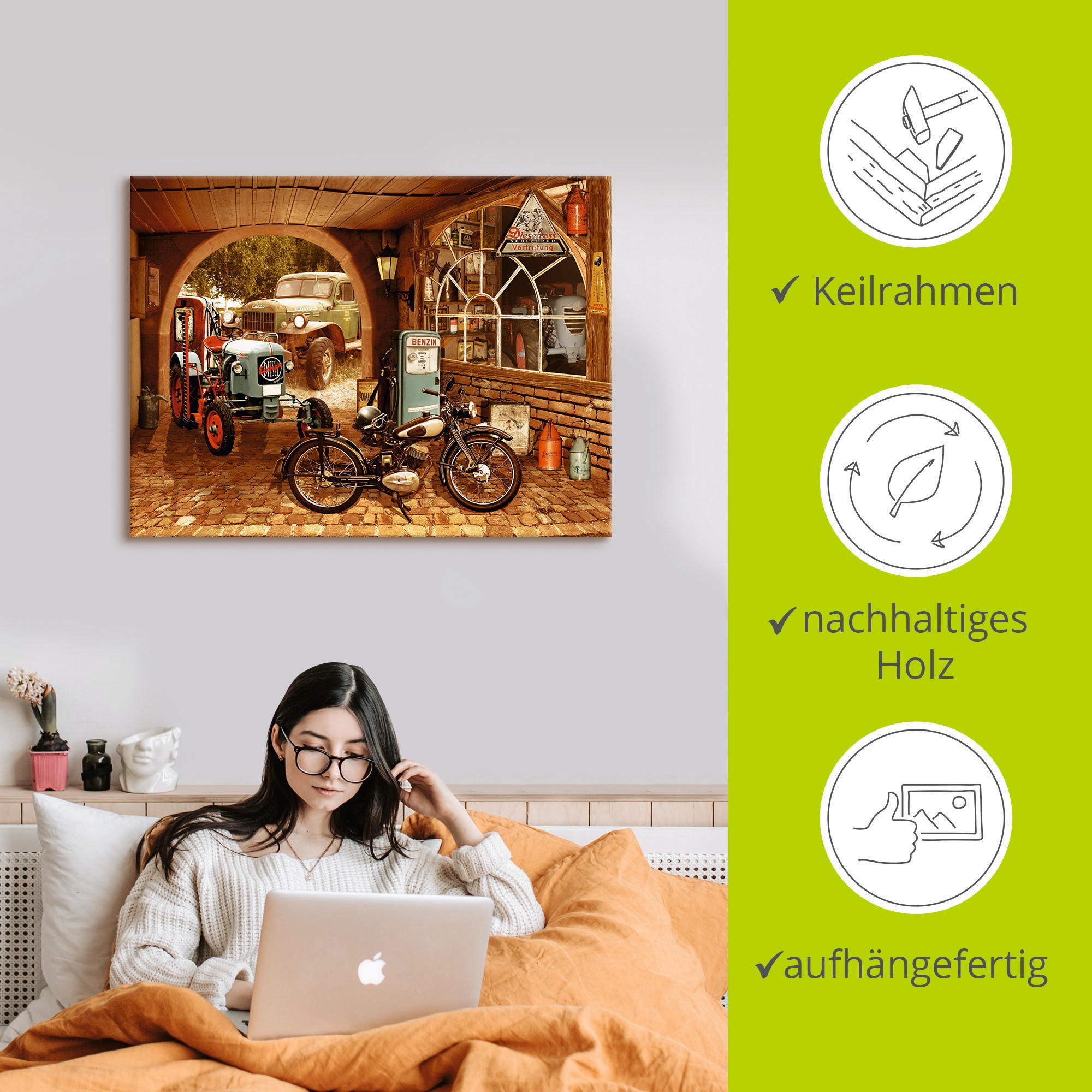 Artland Leinwandbild »Werkstatt mit Traktor und Motorrad« Traktoren 1 Stk. tlg. auf Holzrahmen gespannt