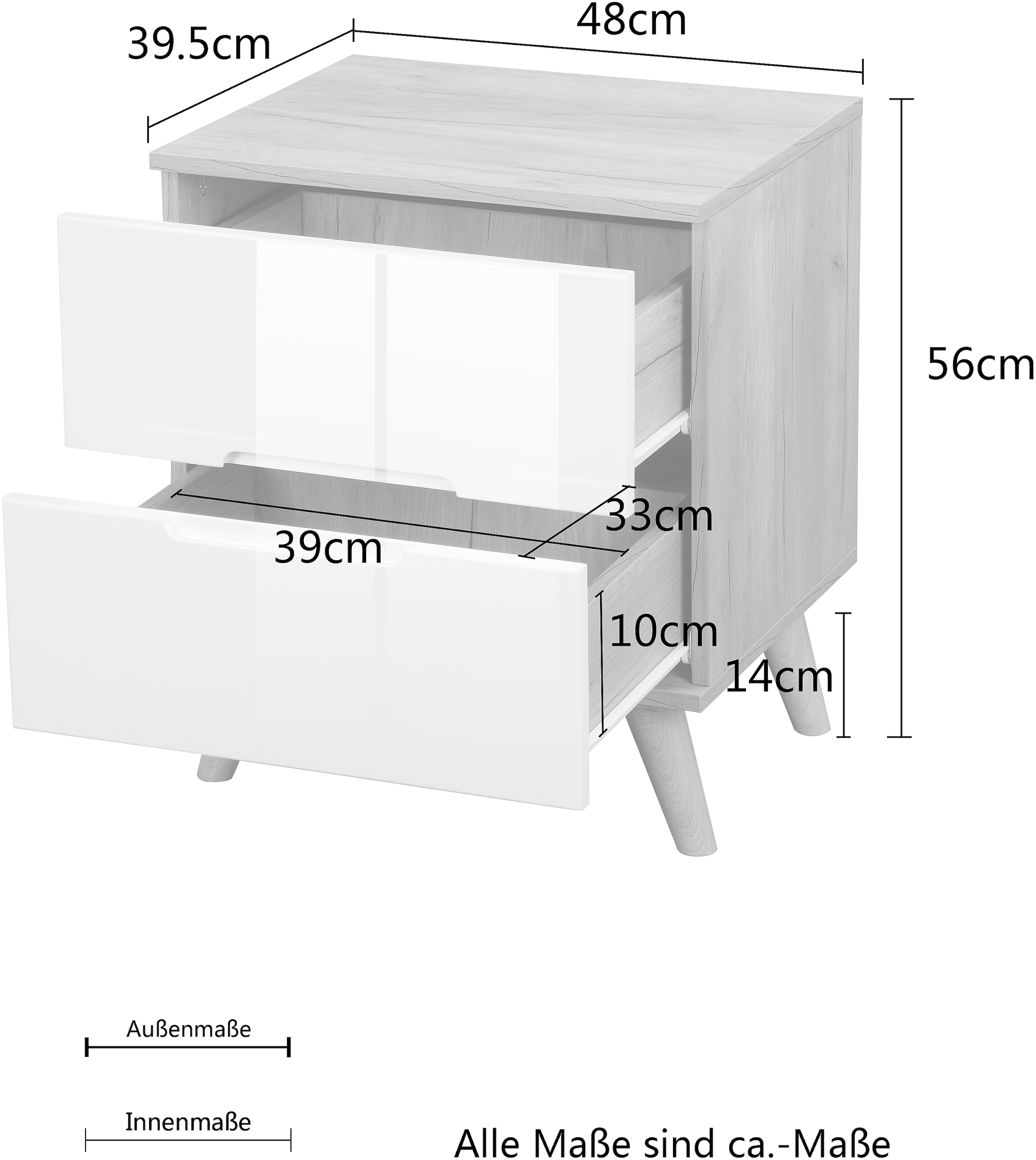 andas Nachtschrank »Lund Nachttisch Beistellschrank Kommode mit Hochglanzfronten«, Nachtkommode mit 2 Schubladen Bestseller im skandinavischem Design