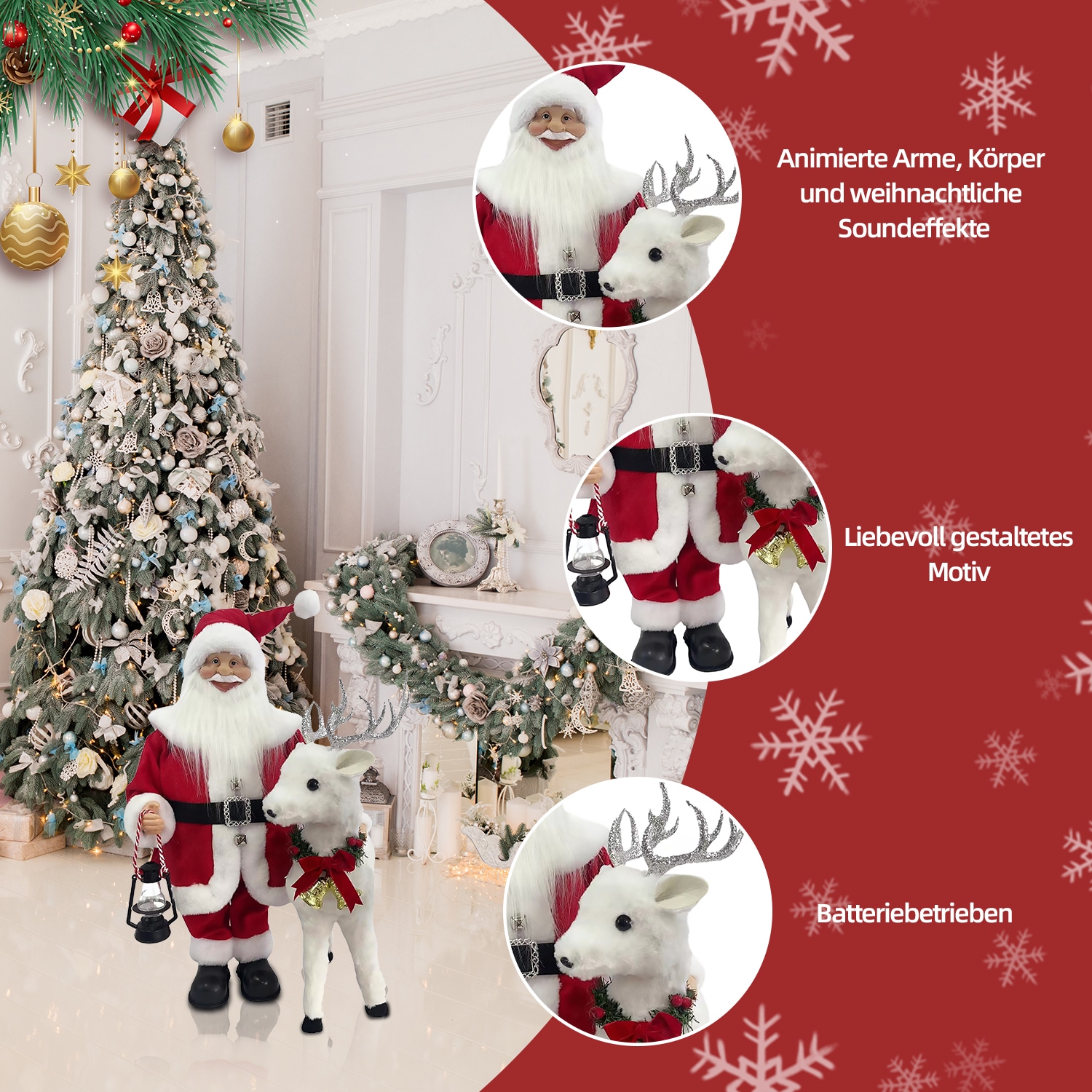 SHX Weihnachtsmann »Animierter Weihnachtsmann mit Rentier«, Bewegung, Soundeffekte