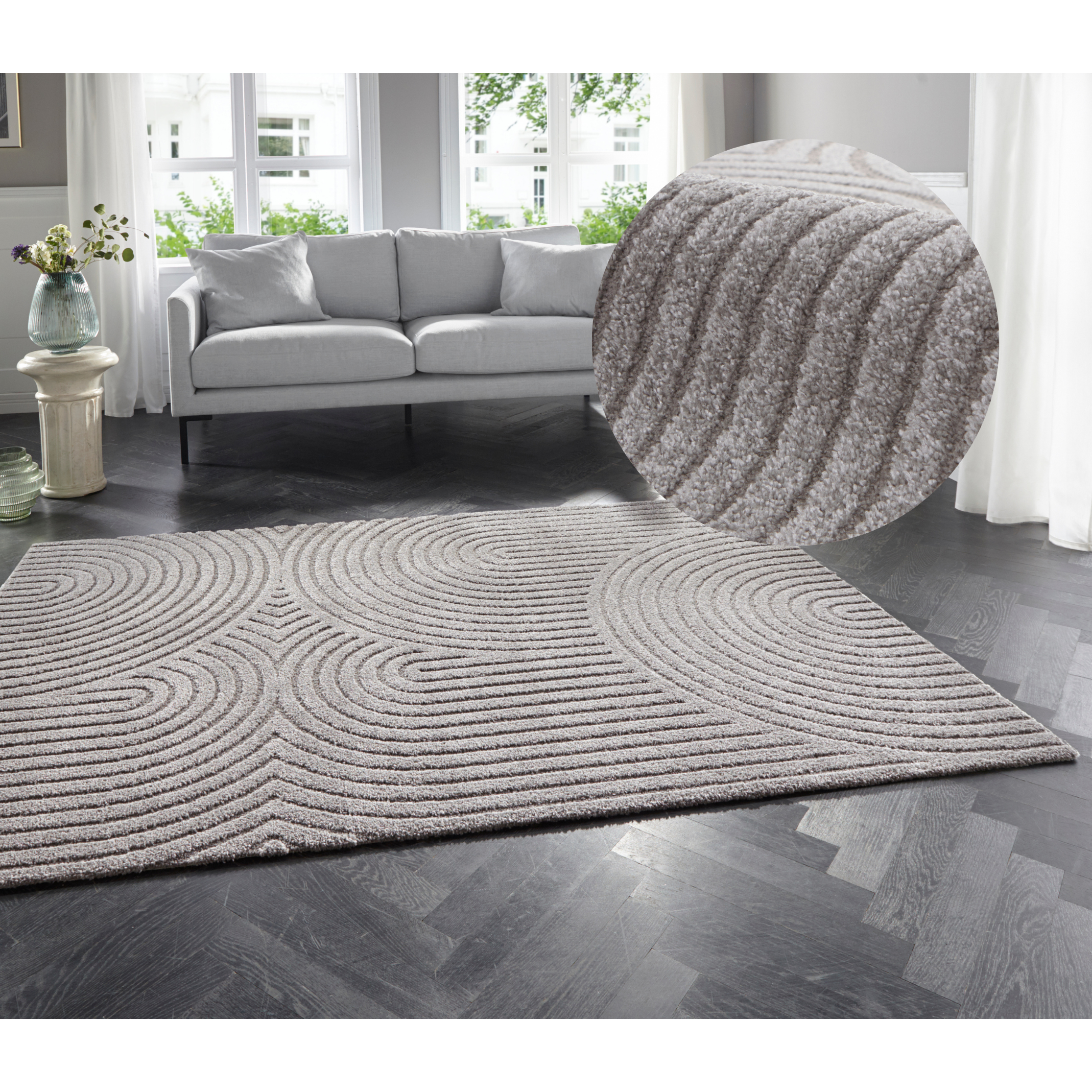 THE RUGS Soft Short Pile Rug Runner Panglao Polyester Polypropylene High Low in Grey | Size: 120cm x 170cm