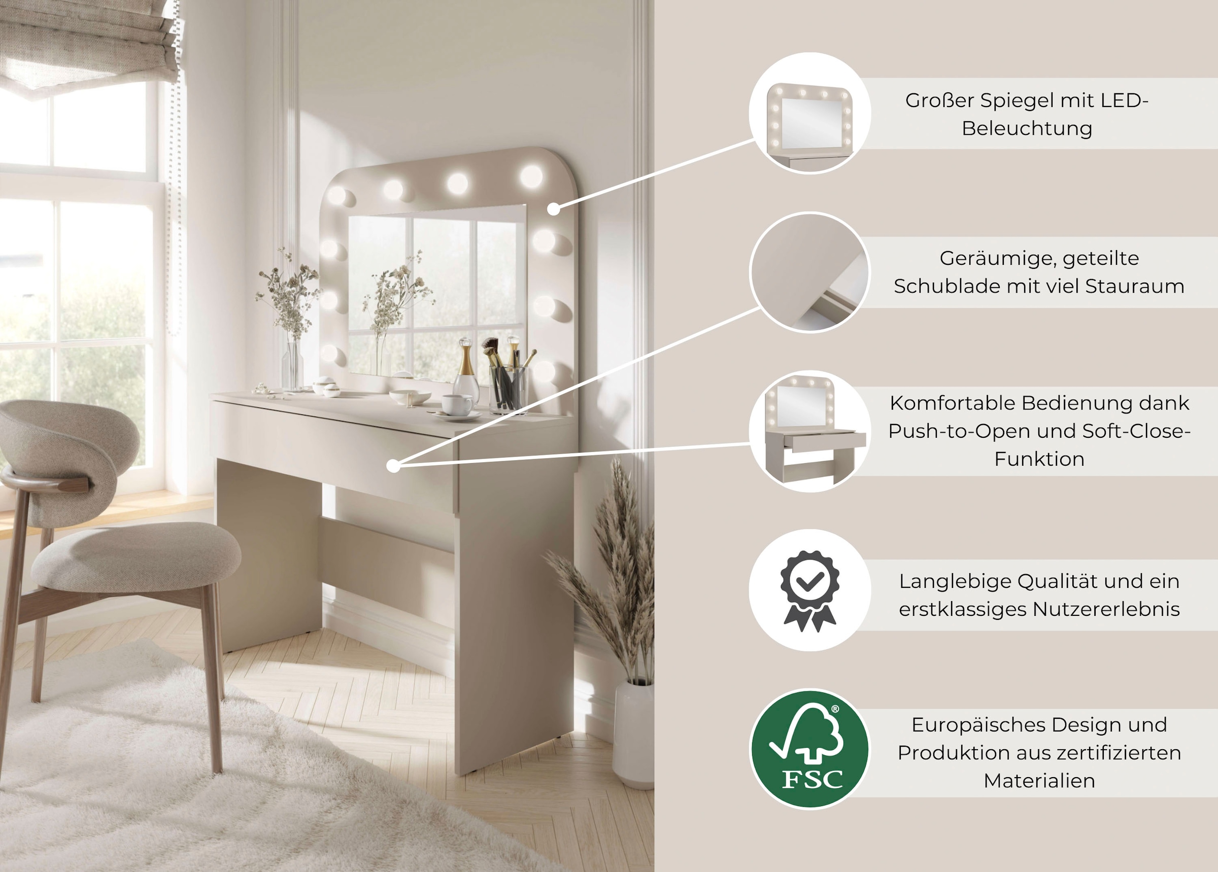 OTTO home Schminktisch »NANCY,BE A STAR! Hollywood Spiegel+Beleuchtung, Schublade Soft Close« B/T/H: 100/42,5/142cm, Farbei Kaschmir Beige,  Kosmetiktisch mit viel Stauraum, LED, Soft-Close,