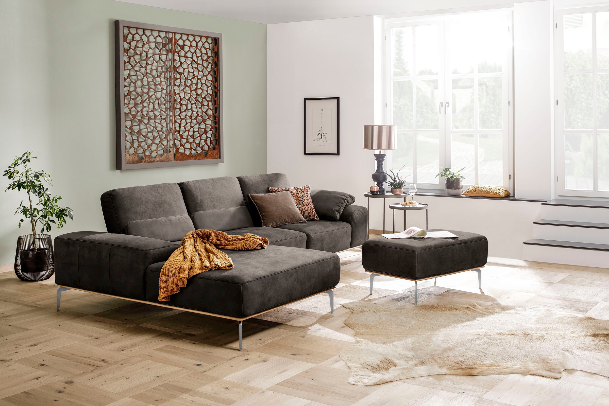 W.SCHILLIG Polsterhocker »run«, mit elegantem Holzsockel, Füße in Chrom glänzend, Breite 75 cm