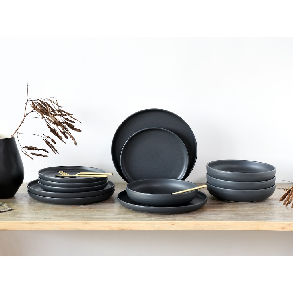 CreaTable Tafelservice »Geschirr-Set Uno Black«, (Set, 12 tlg., Teller Set für 4 Personen)