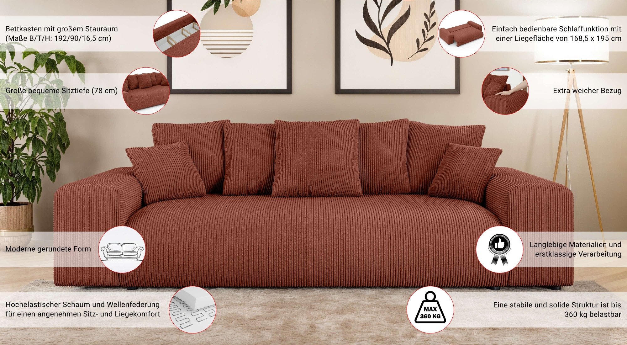 Home affaire Big-Sofa »LAKESIDE 3-Sitzer Schlafsofa mit Bettkasten, Breite 256,5 cm« Liegefläche 168,5x195 cm, hoher Sitzkomfort, Maße B/T/H: 256/122/82cm