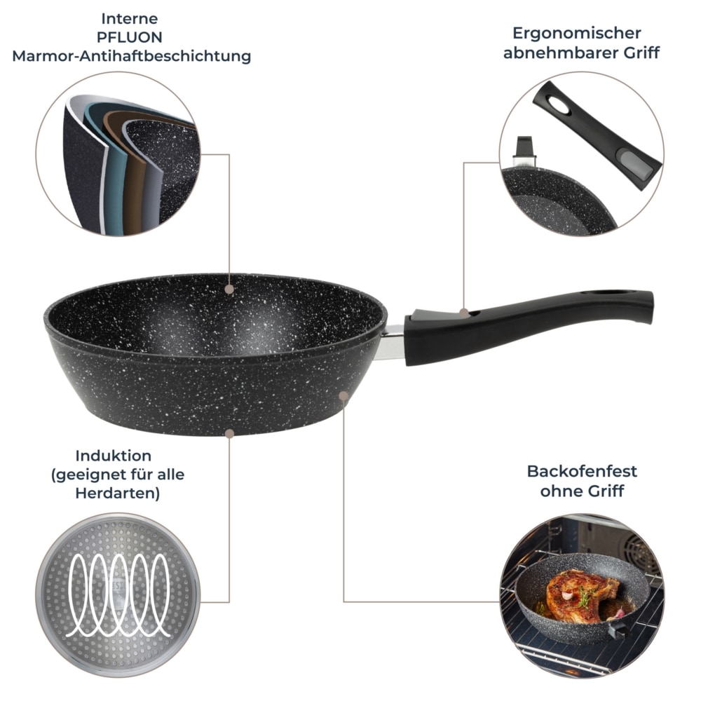RESTO Kitchenware Bratpfanne »Leo, Wokpfanne mit vierschichtiger Marmor-Antihaftbeschichtung«, Aluminium, (1 tlg.), mit einem abnehmbaren Griff - backofenfest, spülmaschinenfest