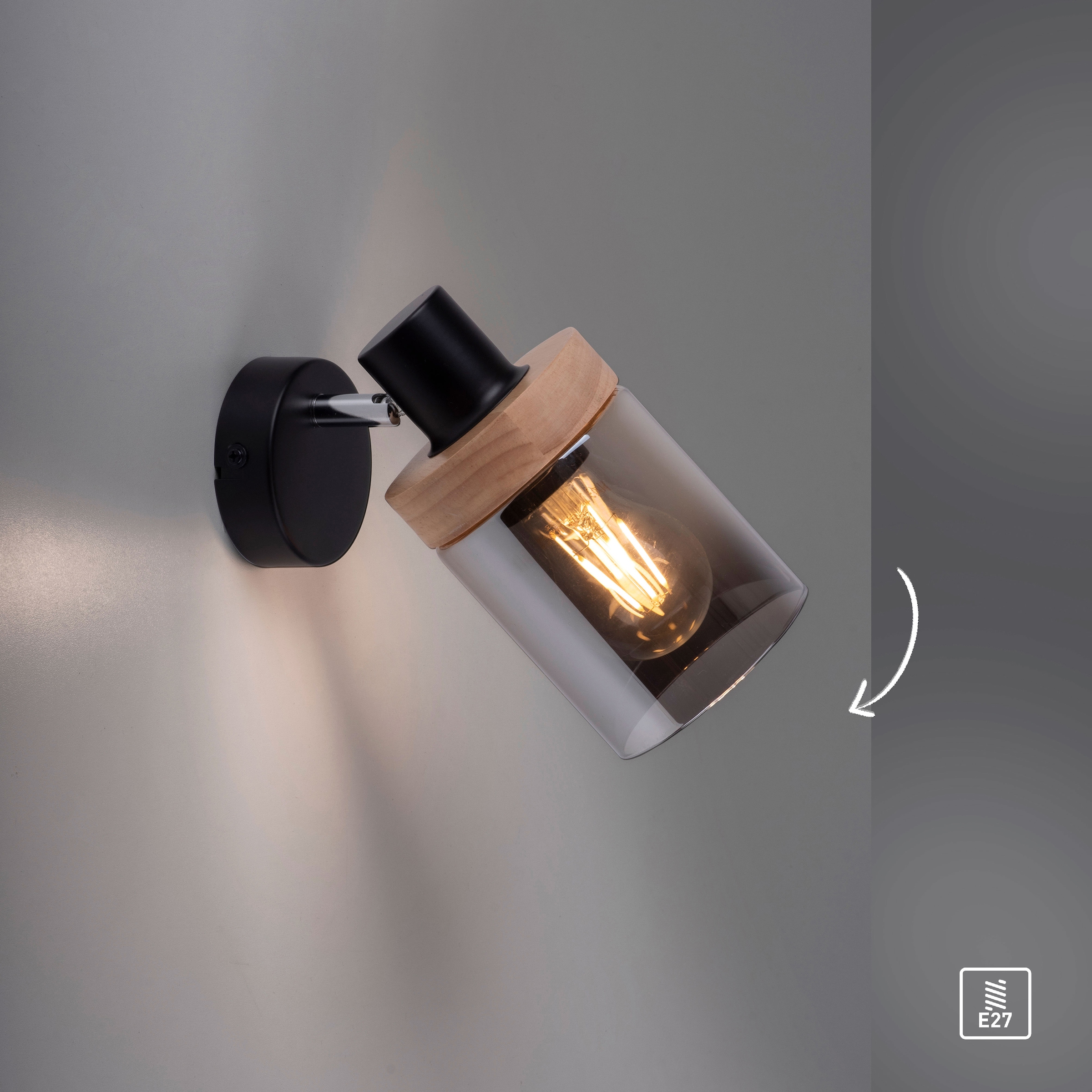 affaire Home Garantie 3 flammig-flammig, mit XXL kaufen E27 Leuchtmittel Wandlampe, Jahren - 1 Holz, Rauchglas, Glas, für geeignet online Wandleuchte | »Tendon«,