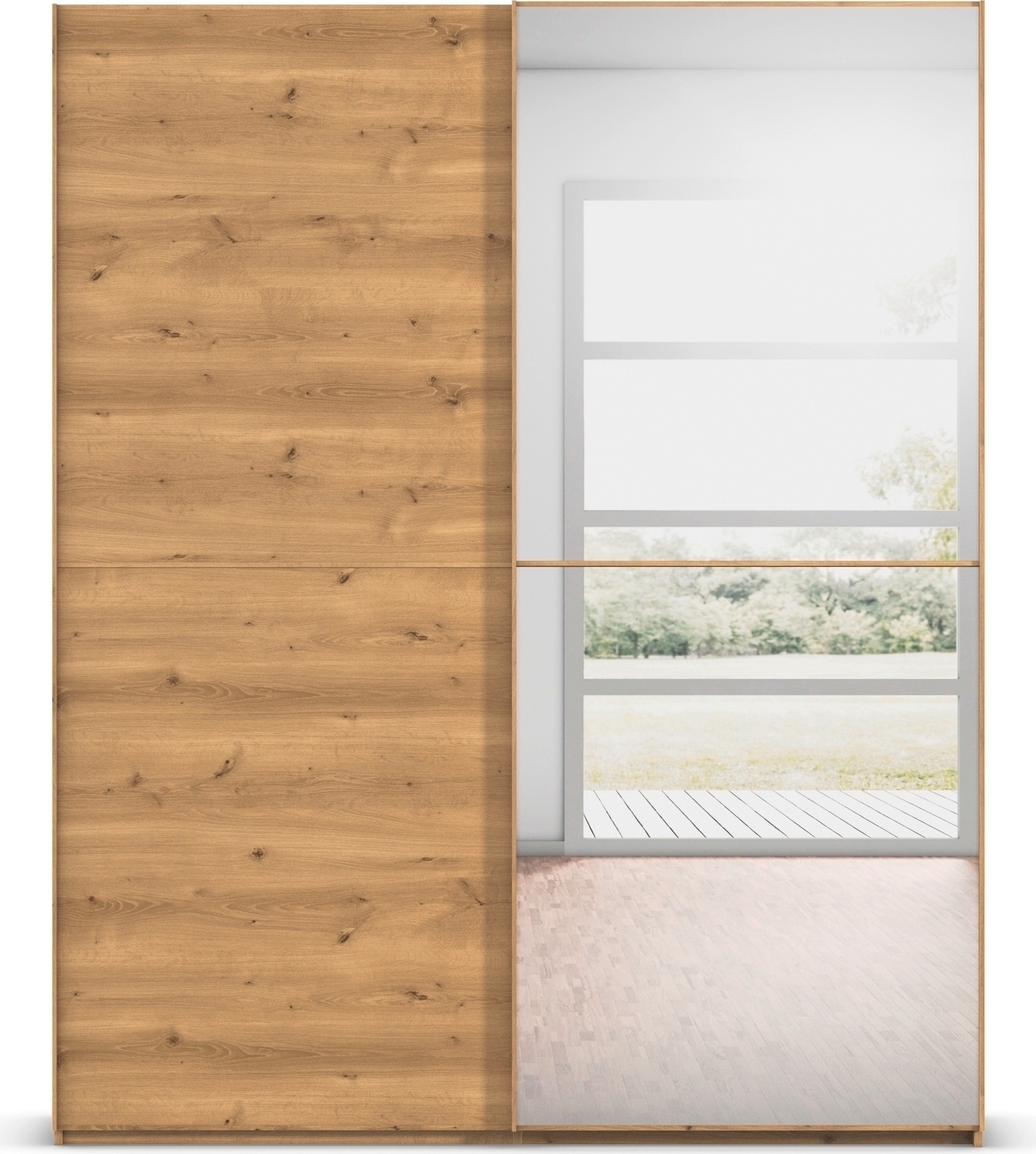 rauch Schwebetürenschrank »Kleiderschrank Schrank Garderobe Schlafzimmerschrank SCALE-DUO« edle zweigeteilte Türen, Spiegel und 3 Zierleisten MADE IN GERMANY