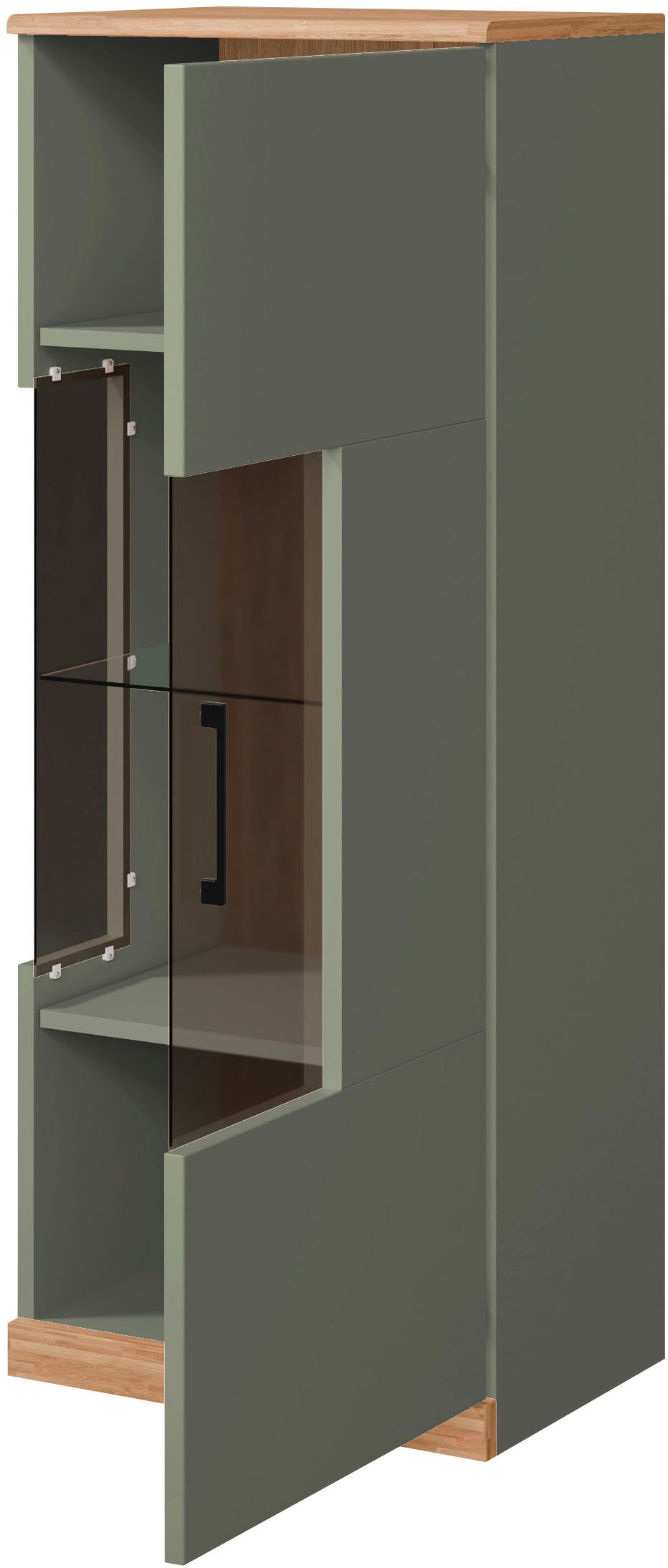 OTTO home Vitrine »Ribe,125cm hoch,4 Fächer,1Glasboden variabel einsetzbar« Oberplatte Eiche massiv,dunkles Glas, schwarze Metall Griffe