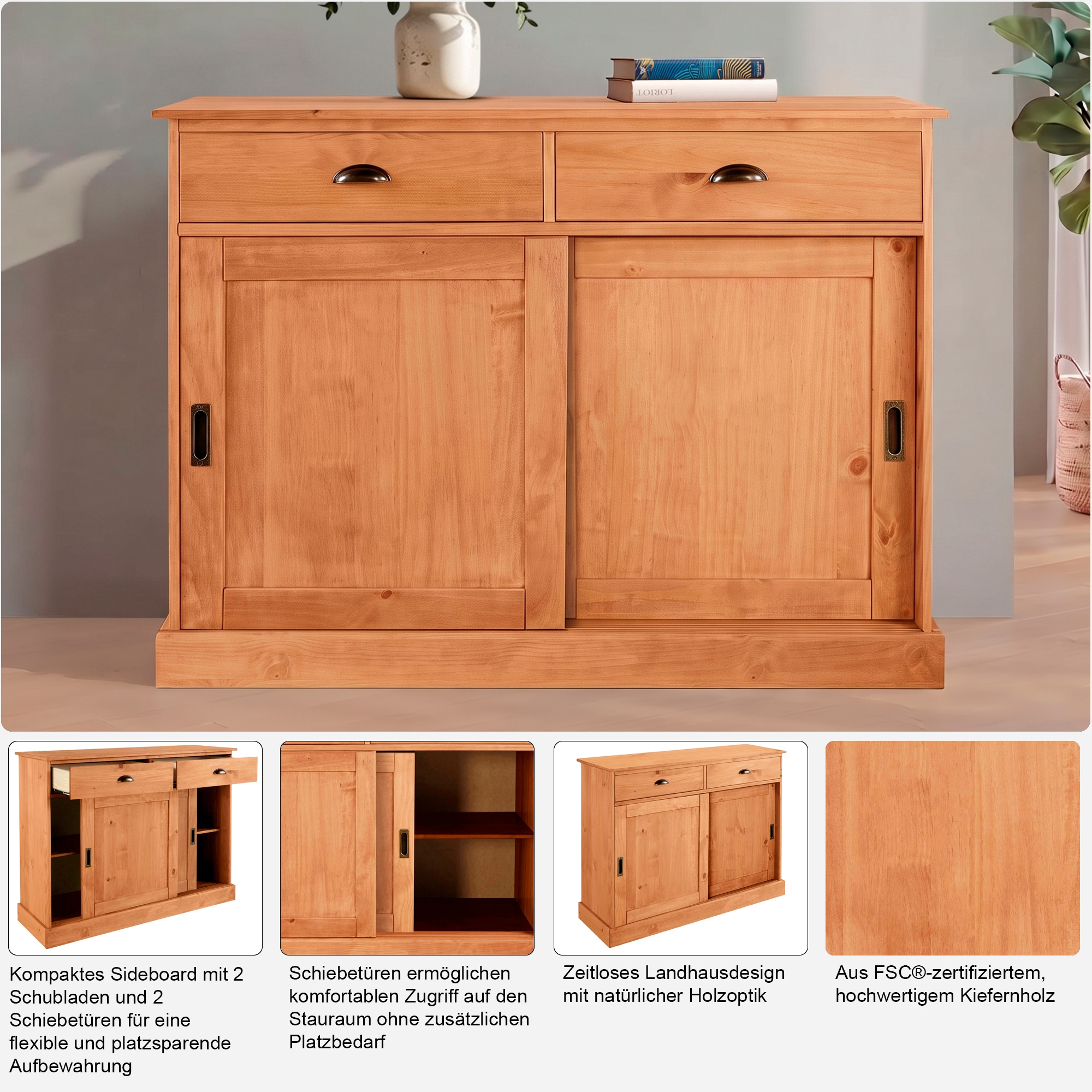 OTTO home Sideboard »Schröder« Kommode, 2 Schiebetüren, 2 Schubkasten, aus massivem Kiefernholz
