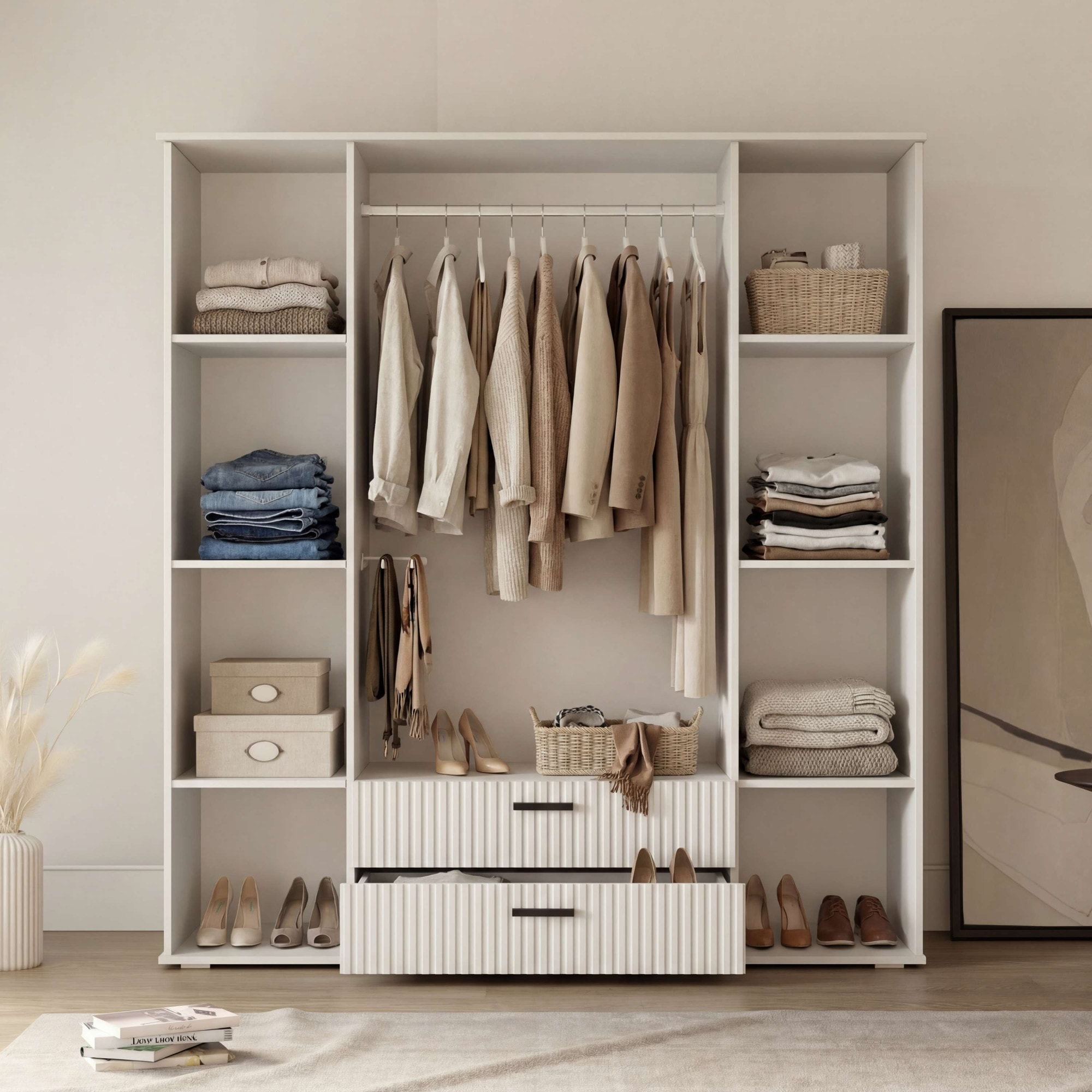 OTTO home Kleiderschrank »KOLLINE, modern mit viel Stauraum & geriffelter Struktur« H/B/T ca. 190/180/52cm,  Garderobe 4 Fächer, Kleiderstange, 2 Schubladen, 2 Spiegel