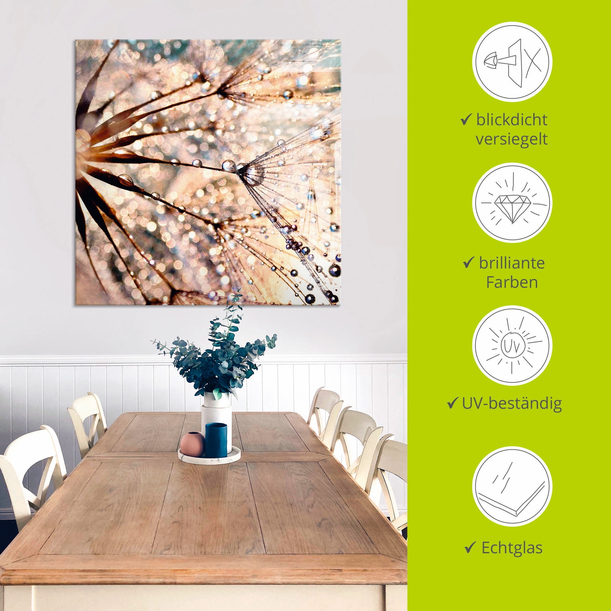 Artland Glasbild »Pusteblume - Kisses from rain«, Blumen, (1 St.), in verschiedenen Größen