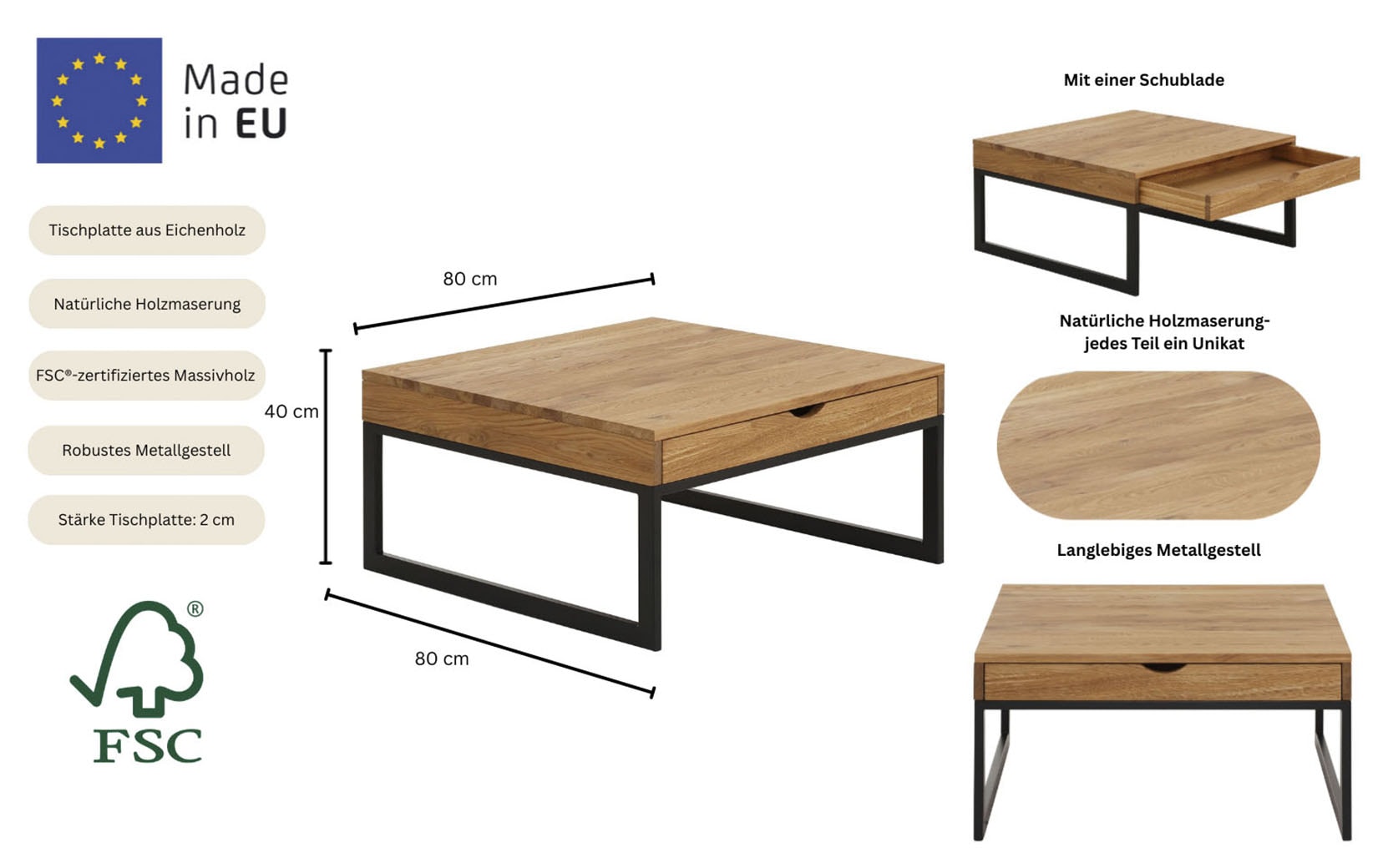 Home affaire Couchtisch »Betula« B/T/H: 80/80/40 cm,  zertifiziertes Massivholz (Eiche), in 3 verschiedenen Farbvarianten
