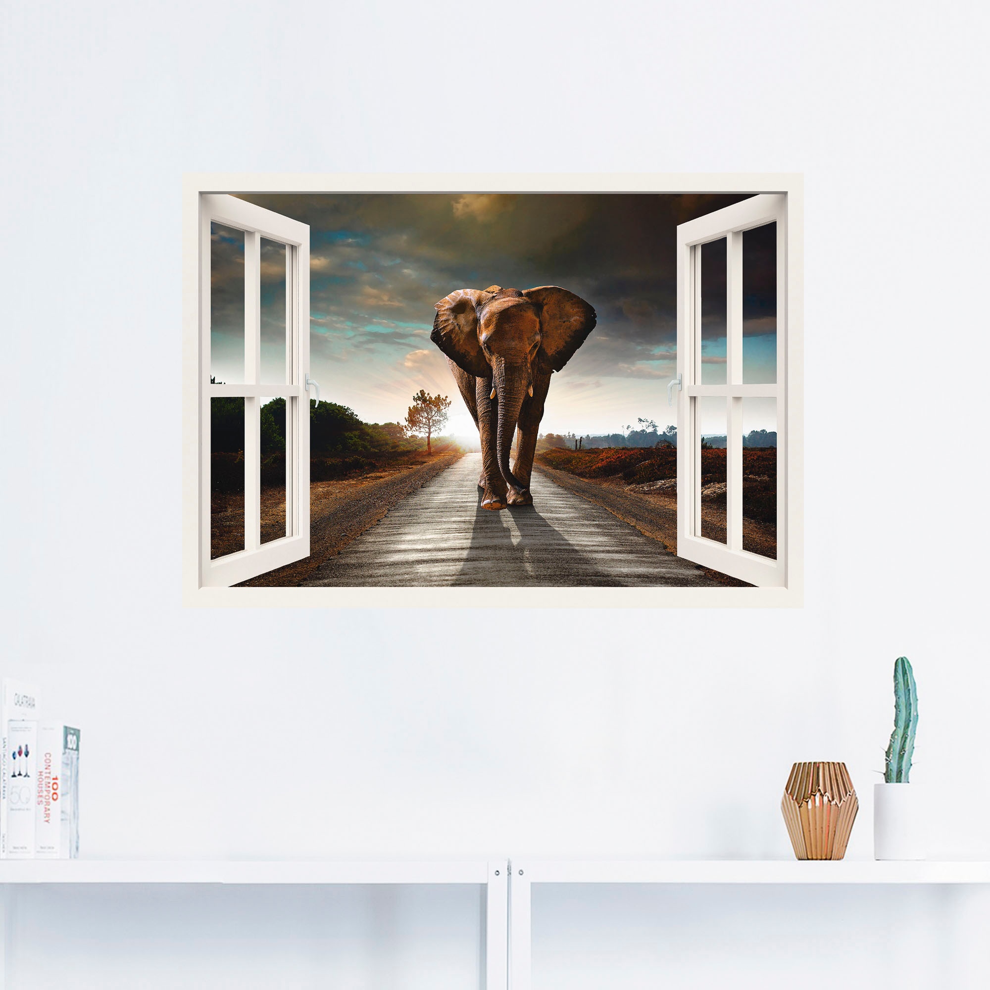 auf Poster auf »Elefant Artland (1 Fensterblick, Wandaufkleber Wandbild in Straße«, versch. St.), oder Leinwandbild, Rechnung als kaufen Größen