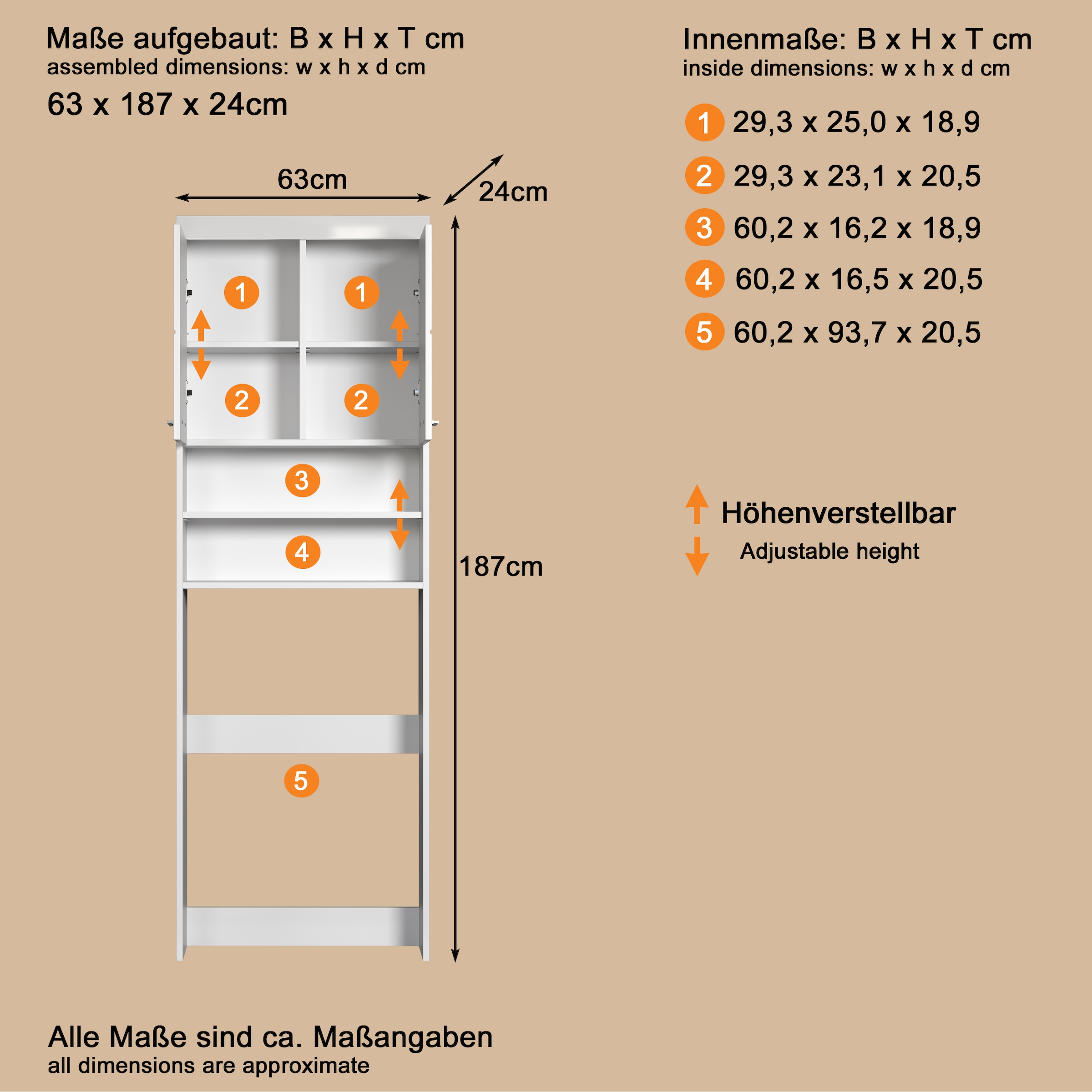 welltime Waschmaschinenumbauschrank »Avena«, Waschmaschinenüberbau mit 2 Fächern - (B/T/H) 63/24/187 cm