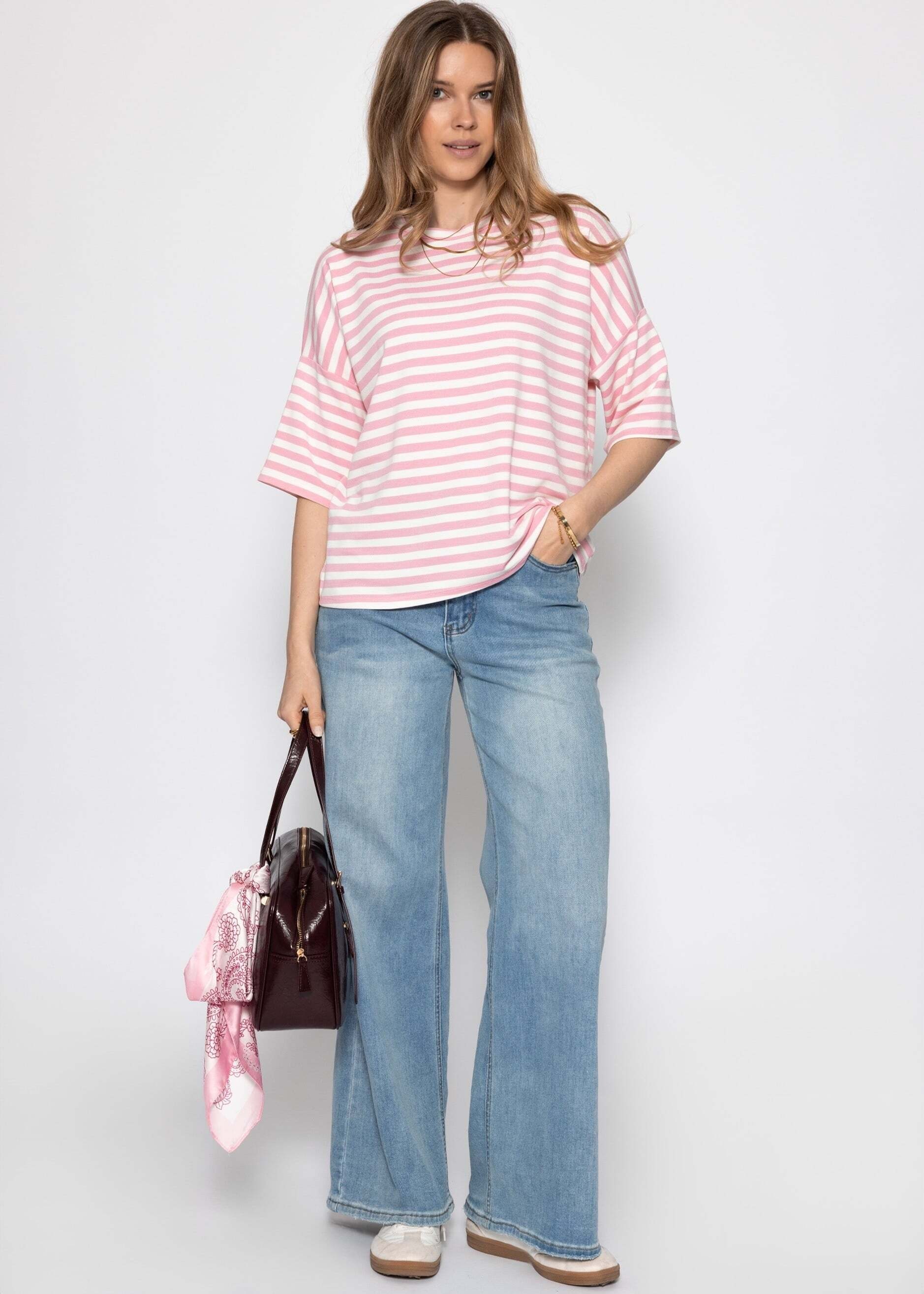 SASSYCLASSY Oversize-Shirt »Oversize T-Shirt mit Streifen« Lässiges Shirt mit Rundhalsausschnitt und weiten Ärmeln Rosa Weiß