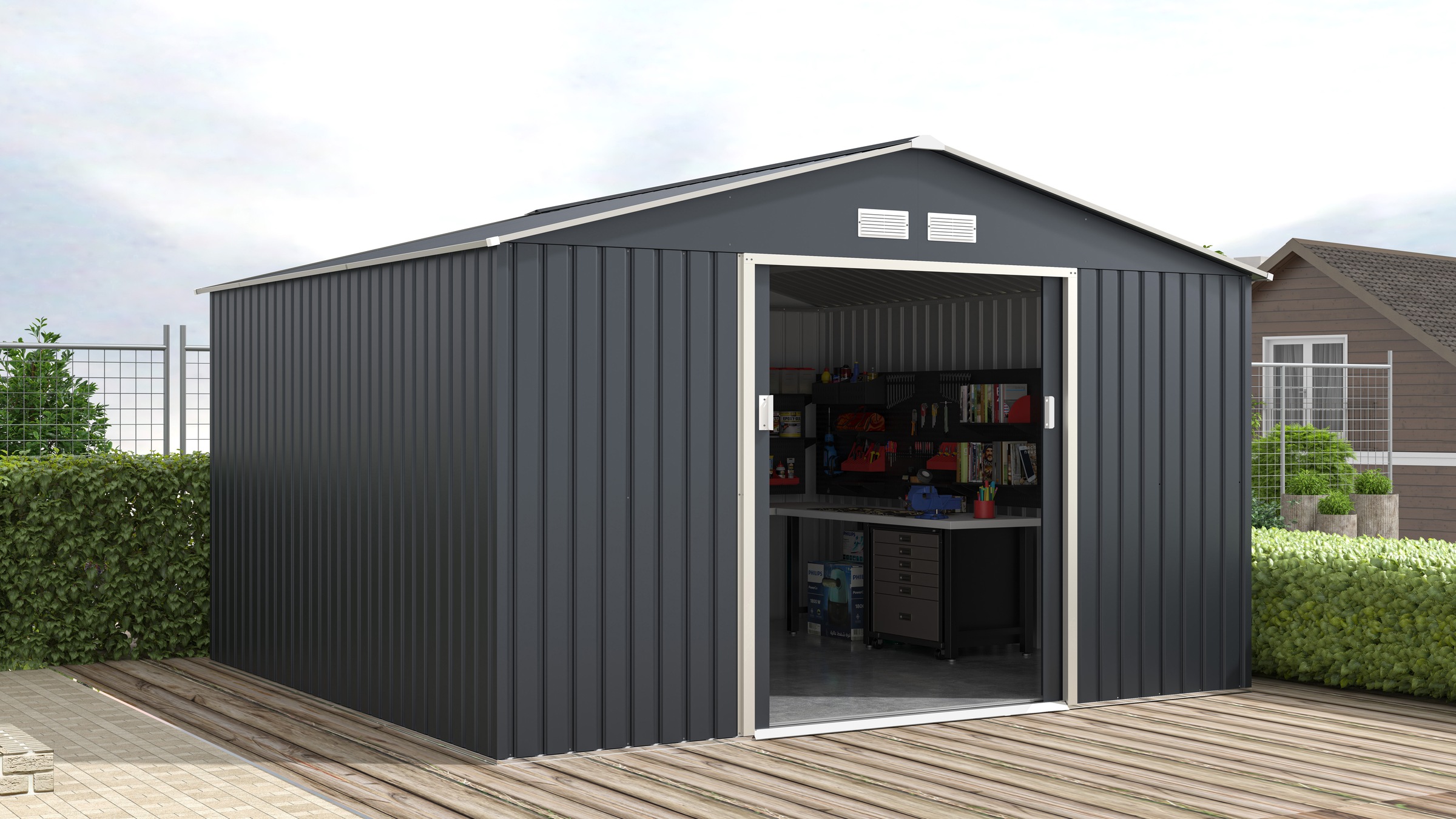 KONIFERA, Gerätehaus »Burgos Plus« wetterfest und langlebig, nahezu wartungsfrei, anthrazit -beige, Metall, anthrazit -beige