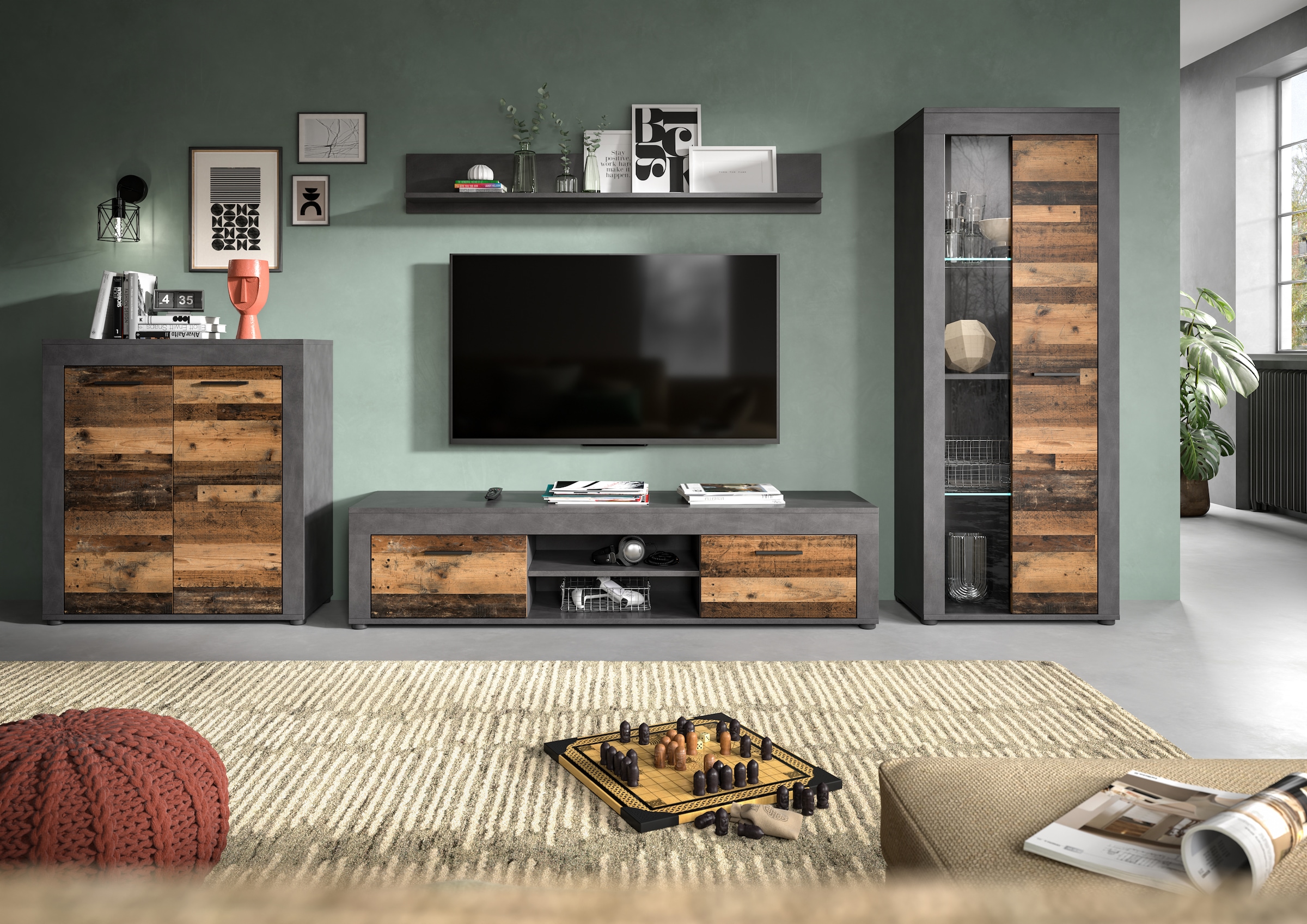 INOSIGN Wohnwand »Aosta, Breite 330cm, best. aus Highboard, Lowboard, Wandboard, Vitrine«, (4 St.), Wohnwand, Kombination, Anbauwand, Möbel Set, Schrankwand, Möbel Kombi