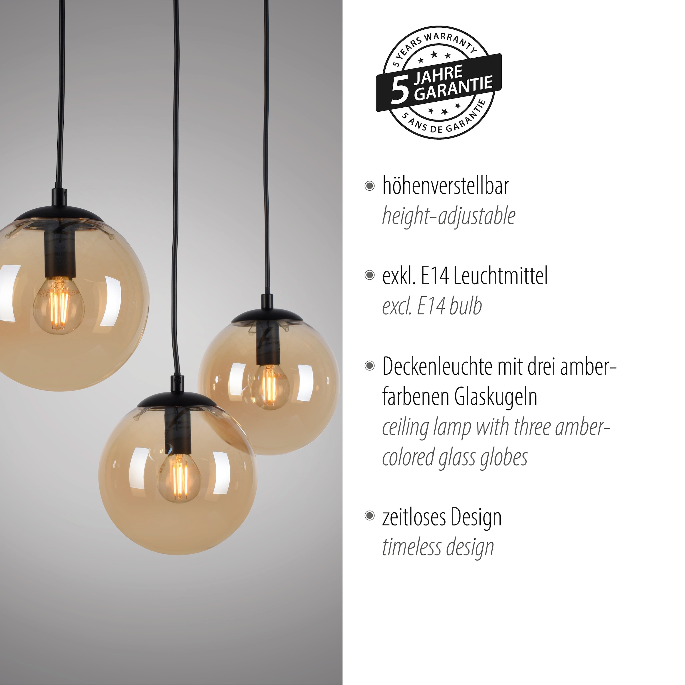 my home Pendelleuchte »Nymölla« E14 Hängeleuchte mit großen Glaskugeln, amberfarben oder opal matt weiß