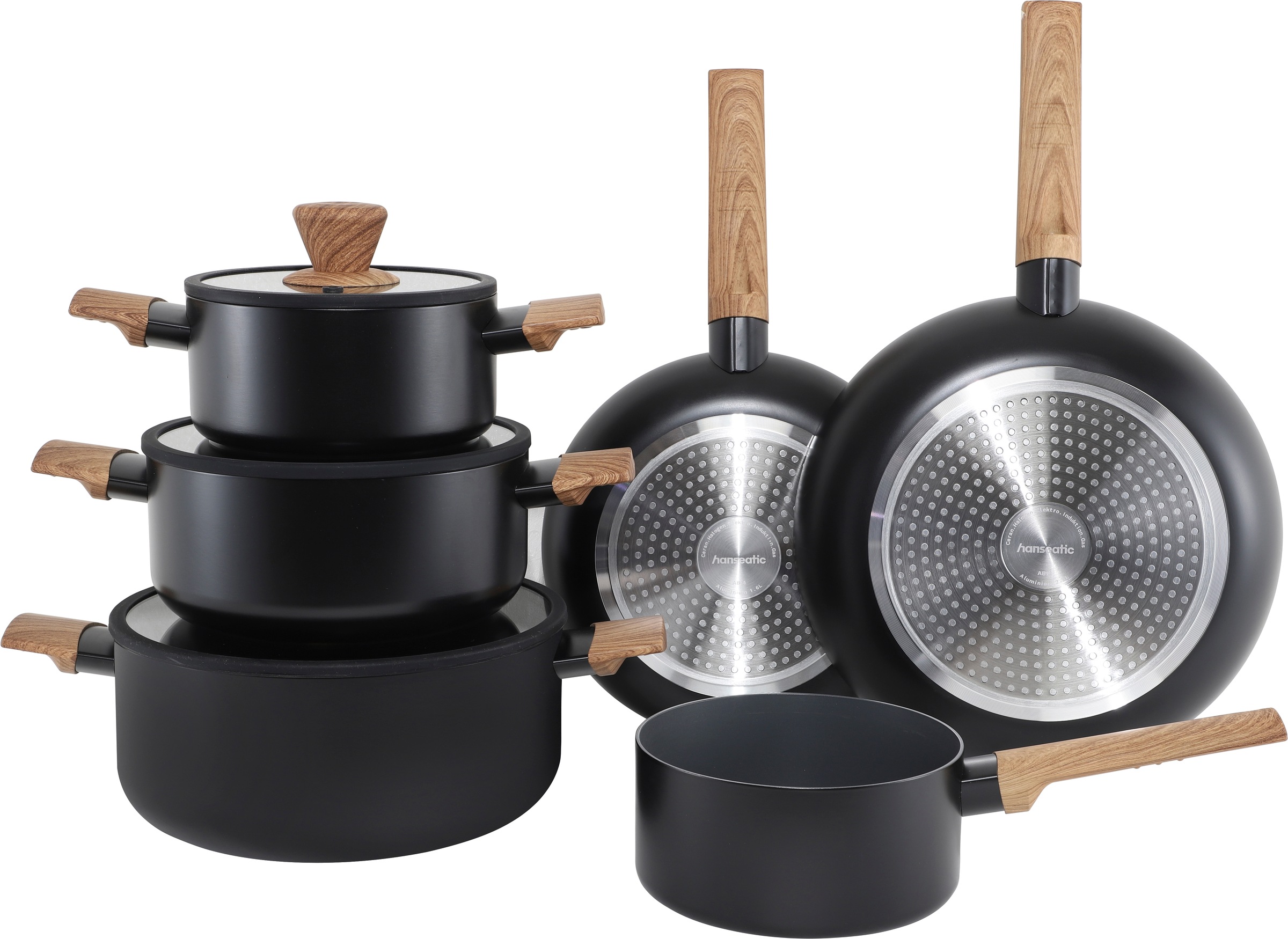 Hanseatic Topf-Set "ALU SCANDI, mit Antihaftbeschichtung" Set, Stielkasserolle 16 cm, Kochtopf 16/20/24 cm, Bratpfanne 24/28 cm, 9 tlg. Aluminium