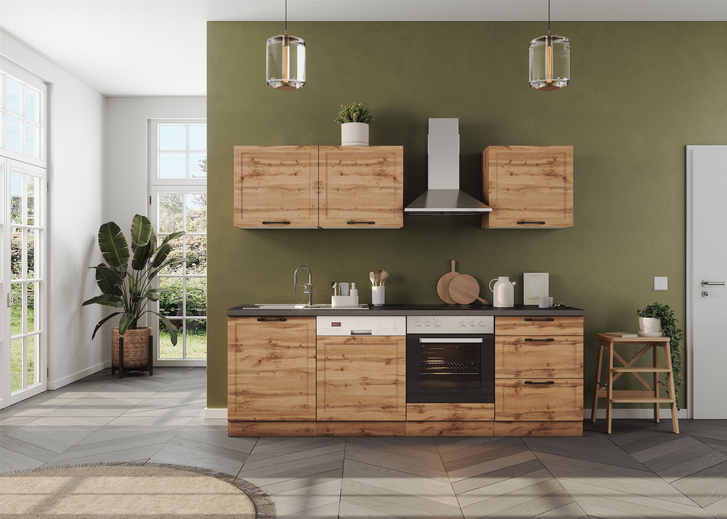 KOCHSTATION Küchenzeile »KS-Lani, mit MDF-Fronten« Breite 240 cm, wahlweise mit E-Geräten, Höhen-Ausgleichsfüße 0-4 cm