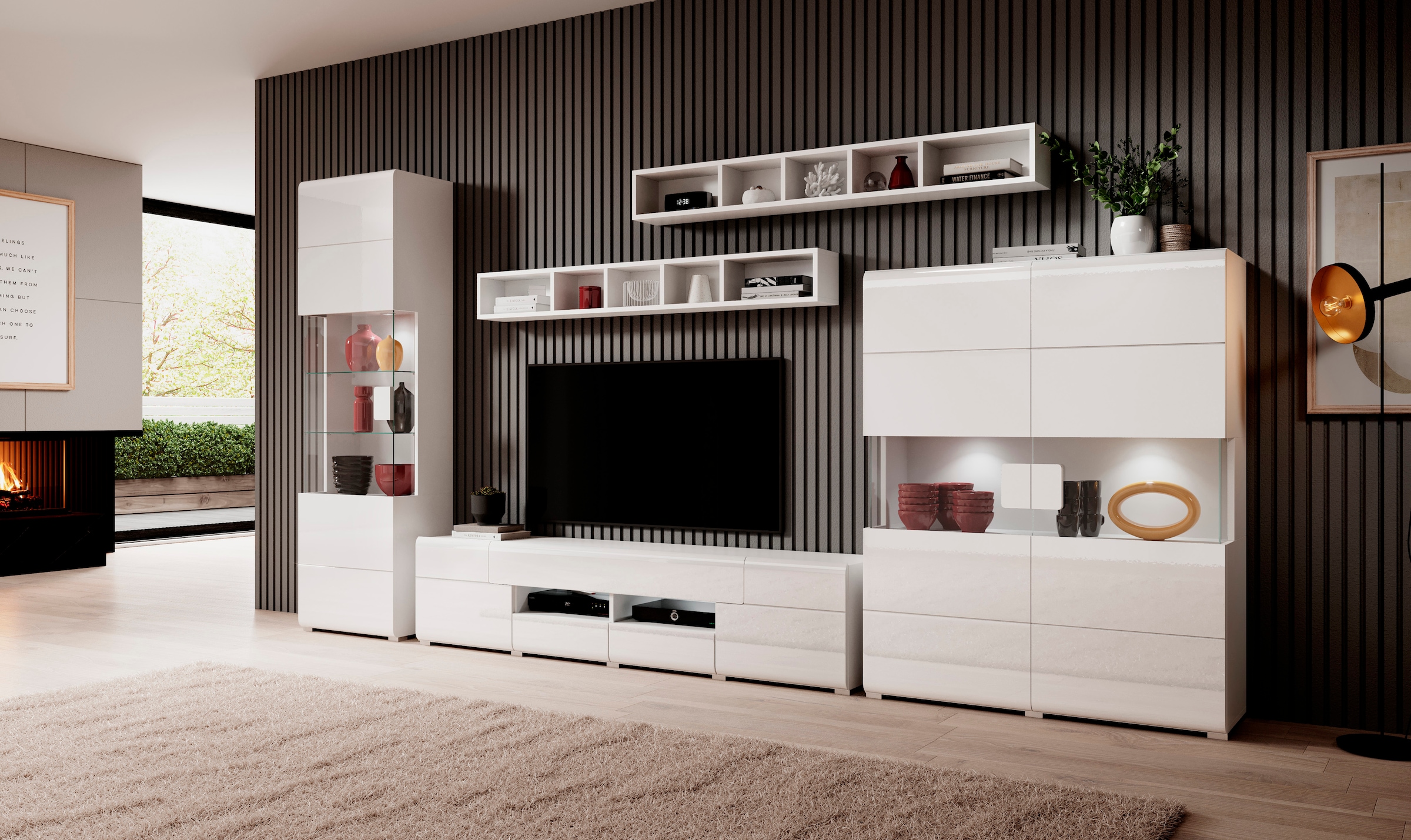 INOSIGN Wohnwand »Toledo,Breite 391cm stilvolle Mediawand ohne Beleuchtung«, (Set, 5 St.), Anbauwand(Vitrine,Lowboard,Highboard,2xHängeregal)MDF Hochglanzfronten