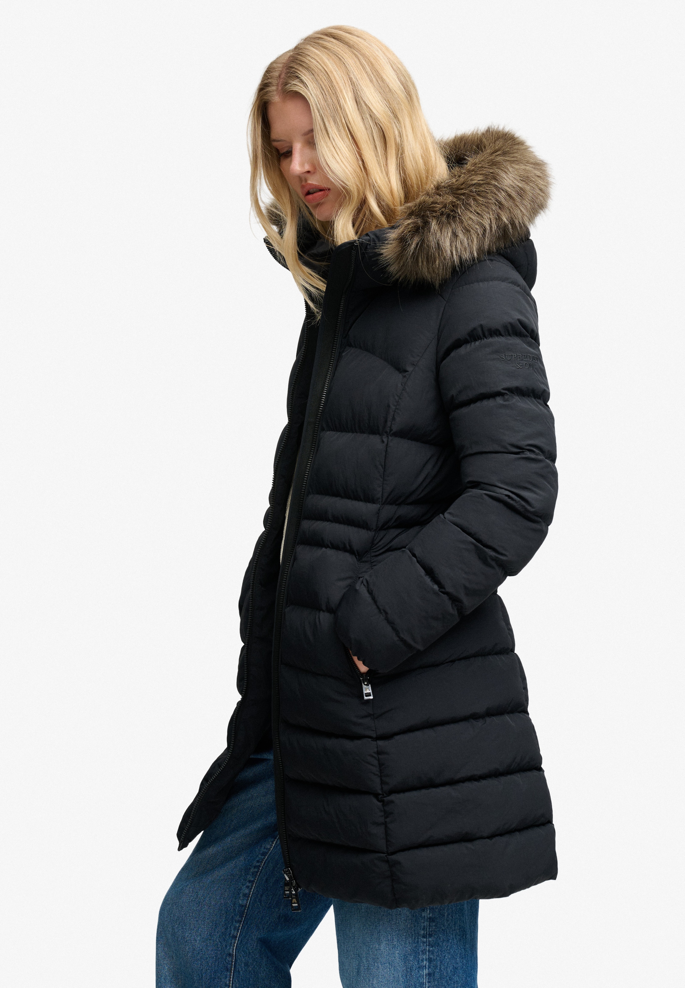 Superdry Steppjacke »HOOD FAUX FUR FUJI MID LENGTH« mit Kapuze Kunstfaser, slim fit