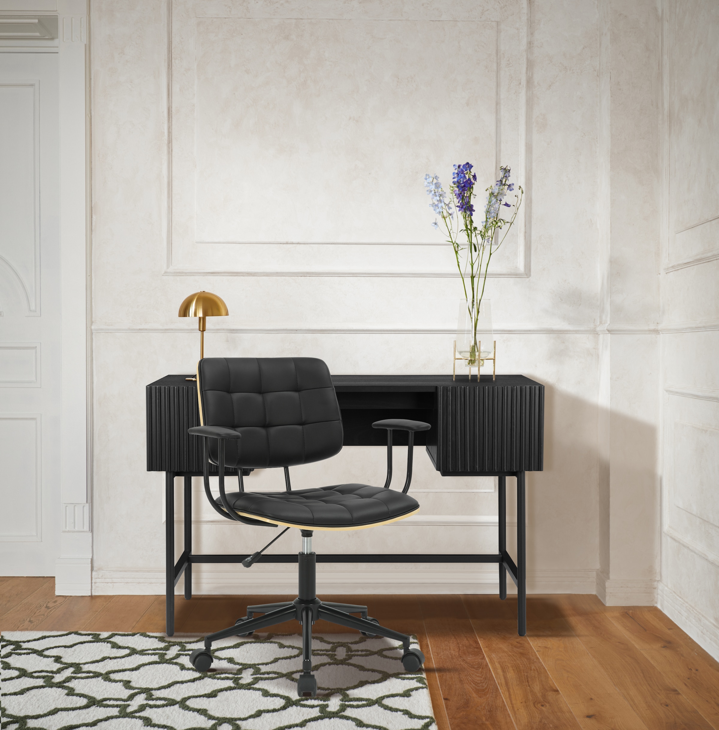 Guido Maria Kretschmer Home&Living Bürostuhl »Synne«, Kunstleder, mit Steppung, Furnierholz, geräuscharme Rollen, moderner Retrolook