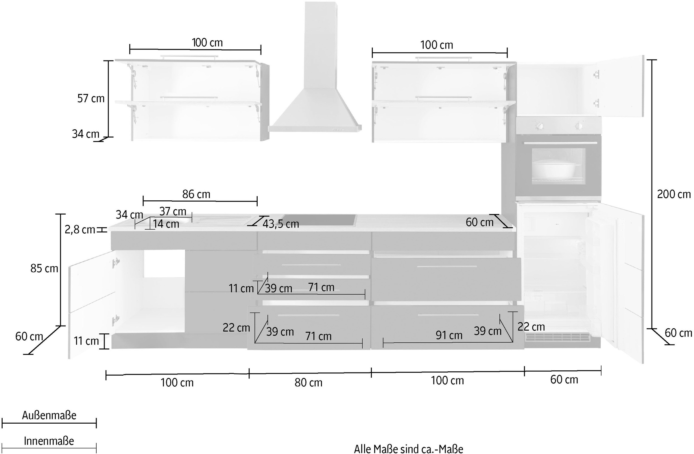 KOCHSTATION Küchenzeile »KS-Wien«, Breite 340 cm, wahlweise mit E-Geräten und Induktion