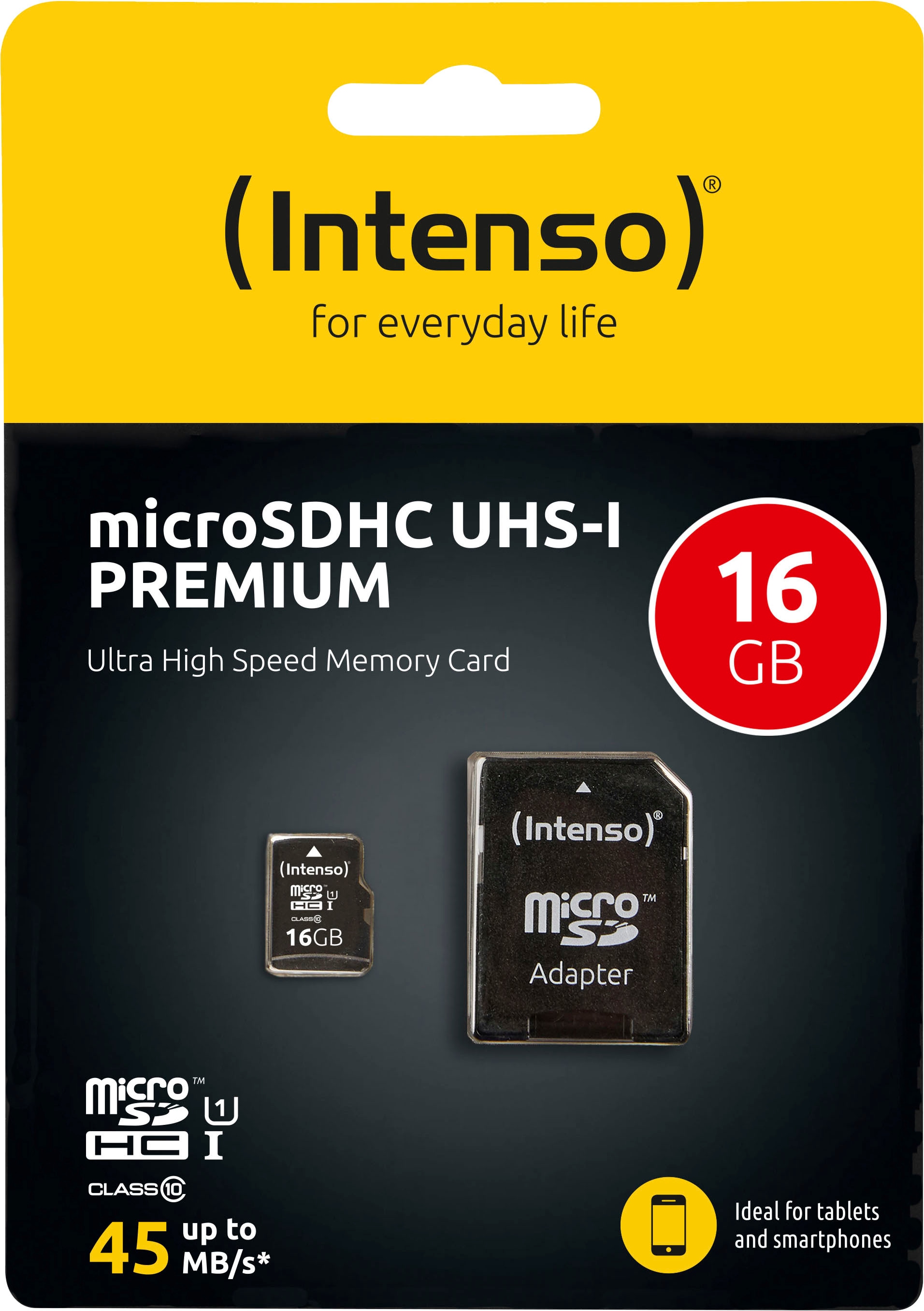 Intenso Speicherkarte »microSDHC UHS-I Premium + SD-Adapter« (16 GB 45 MB/s Lesegeschwindigkeit)