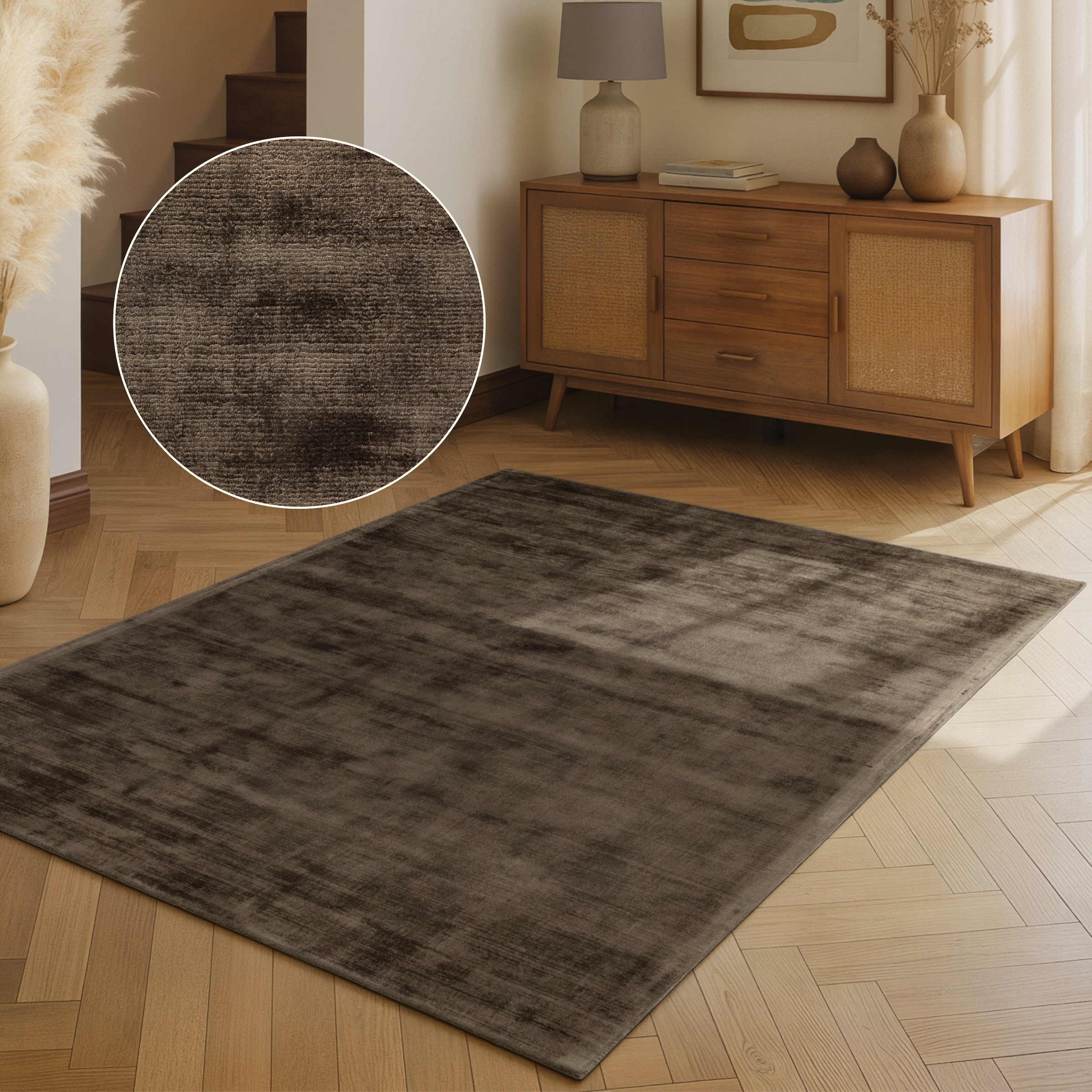 THE RUGS Vikosa Jane Viscose Soft Plain Rug Living Room in Brown | Size: 200cm x 300cm