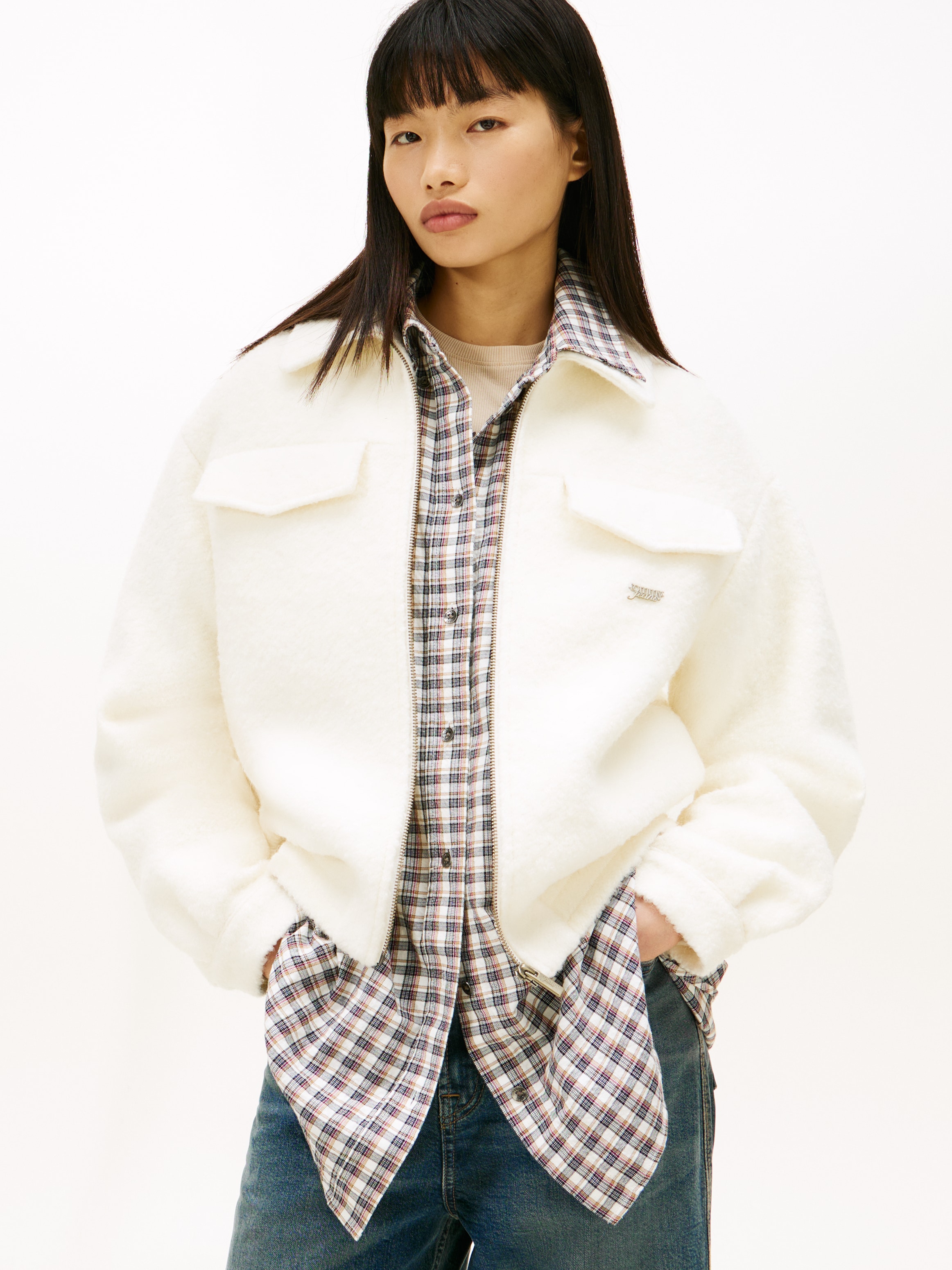 Tommy Jeans, Damen, Blouson »TJW OVS WOOL ZIP FRONT JACKET« mit Wolle, Ancient White, M (38), Ancient White, Outdoorjacke von Tommy Jeans