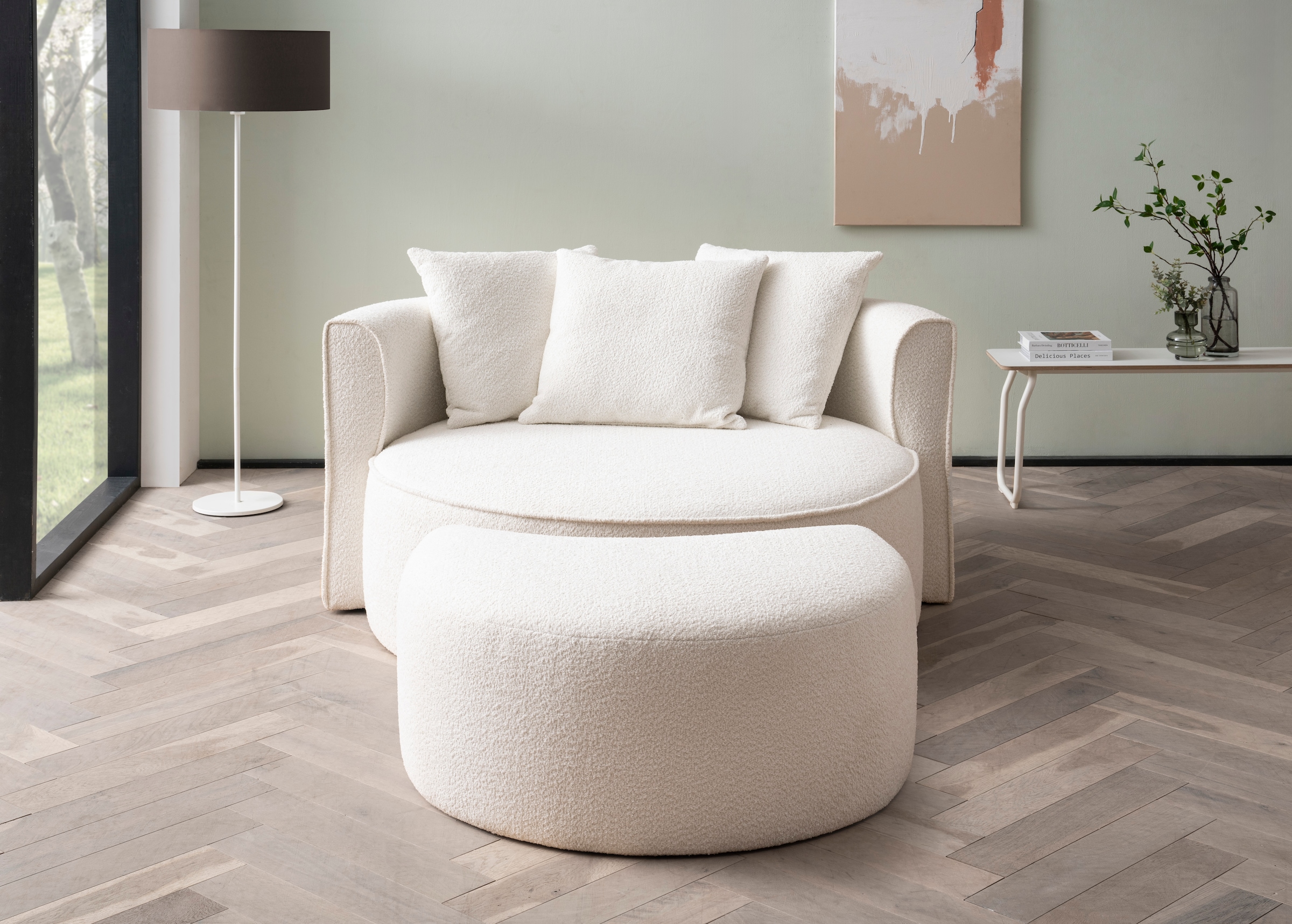 LeGer Home by Lena Gercke XXL-Sessel »ISALIE, Rundsessel mit Hocker, Lesesessel, Loveseat, Big-Sessel«, (Set), trendige Stoffe, mit 3 Zierkissen, große Sitzfläche